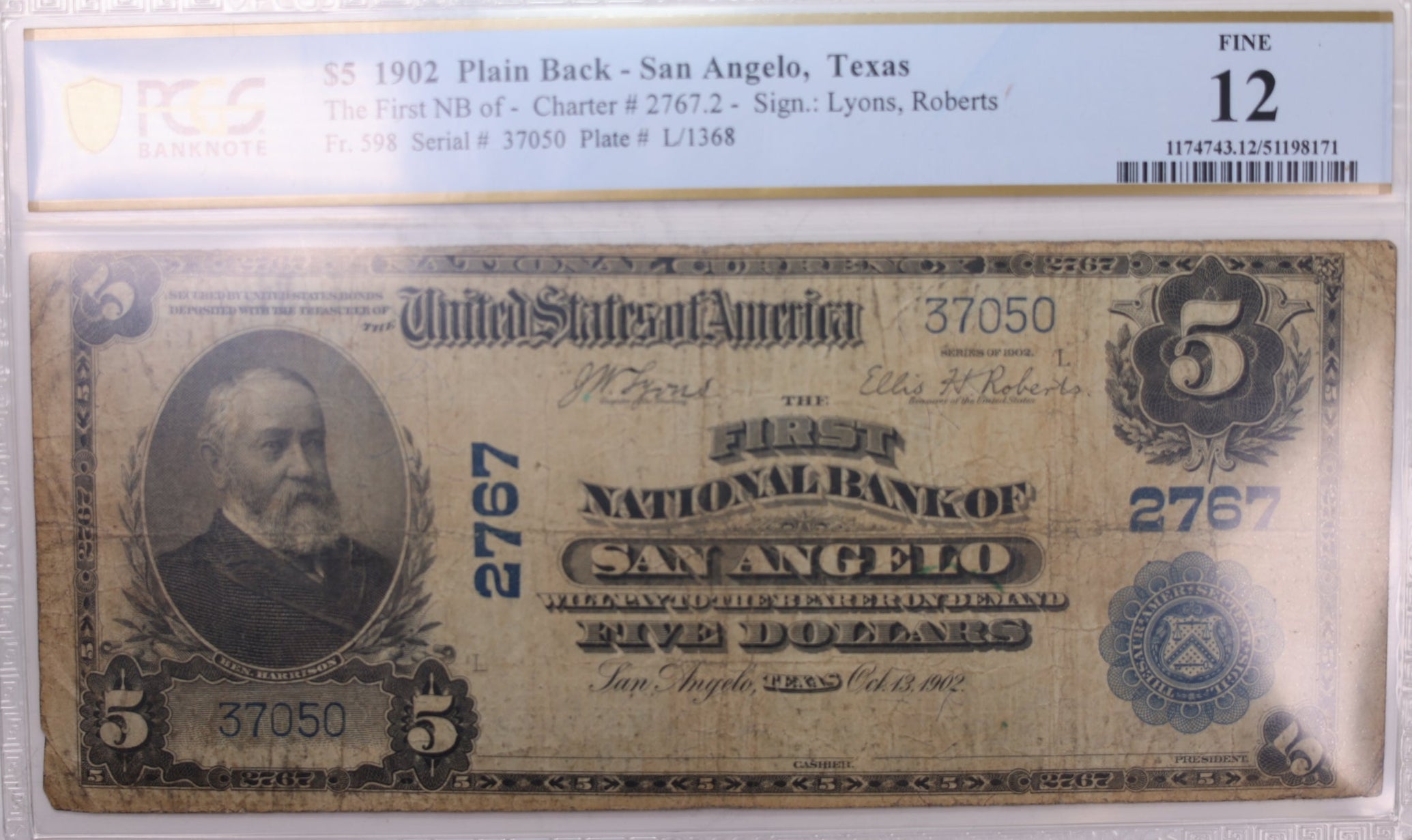 1902 $5 National Bank Note., San Angelo, TX., PCGS F-12., Store Sale #LGNB015
