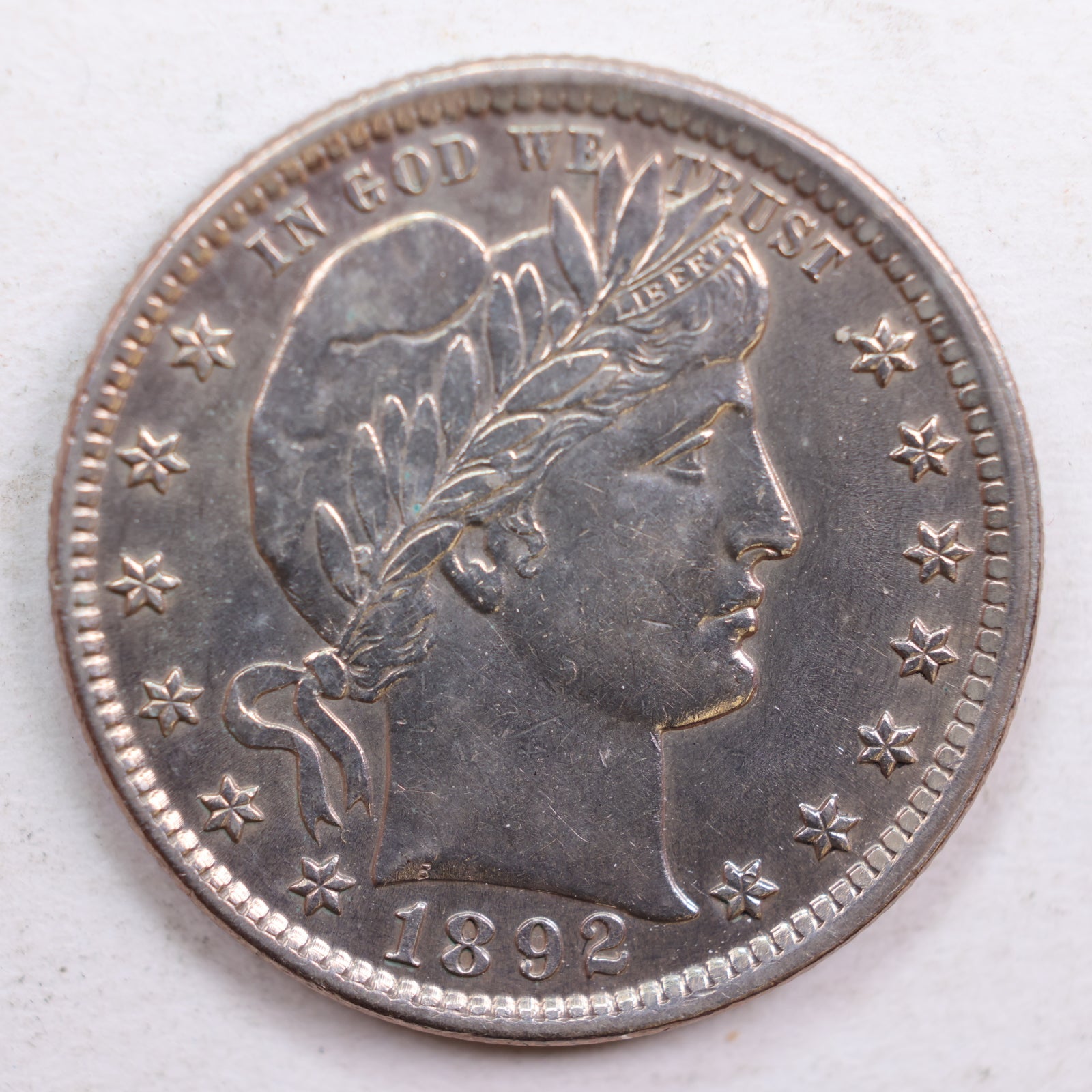 1892 Barber Silver Quarter, Mint State Uncirculated Coin, Store #QR610.