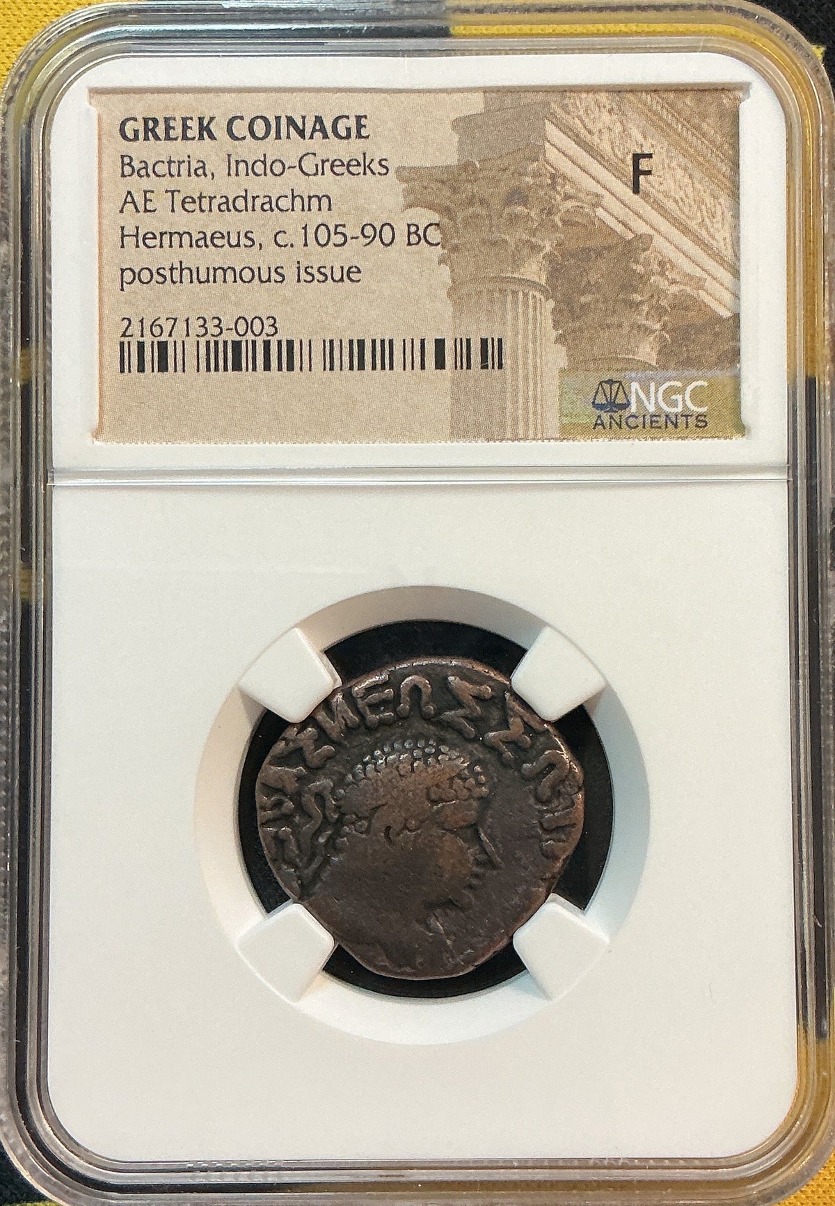 Ancient Coinage, F, Greek Coinage, Bactria, Indo-Greeks, AE Tetradrachm, c.105-90 BC, Store #AT0053