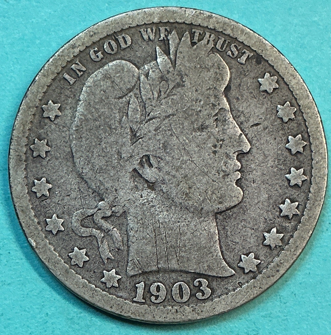 1903 Barber Quarter., Good+ Circulated Details., Store#QR1226