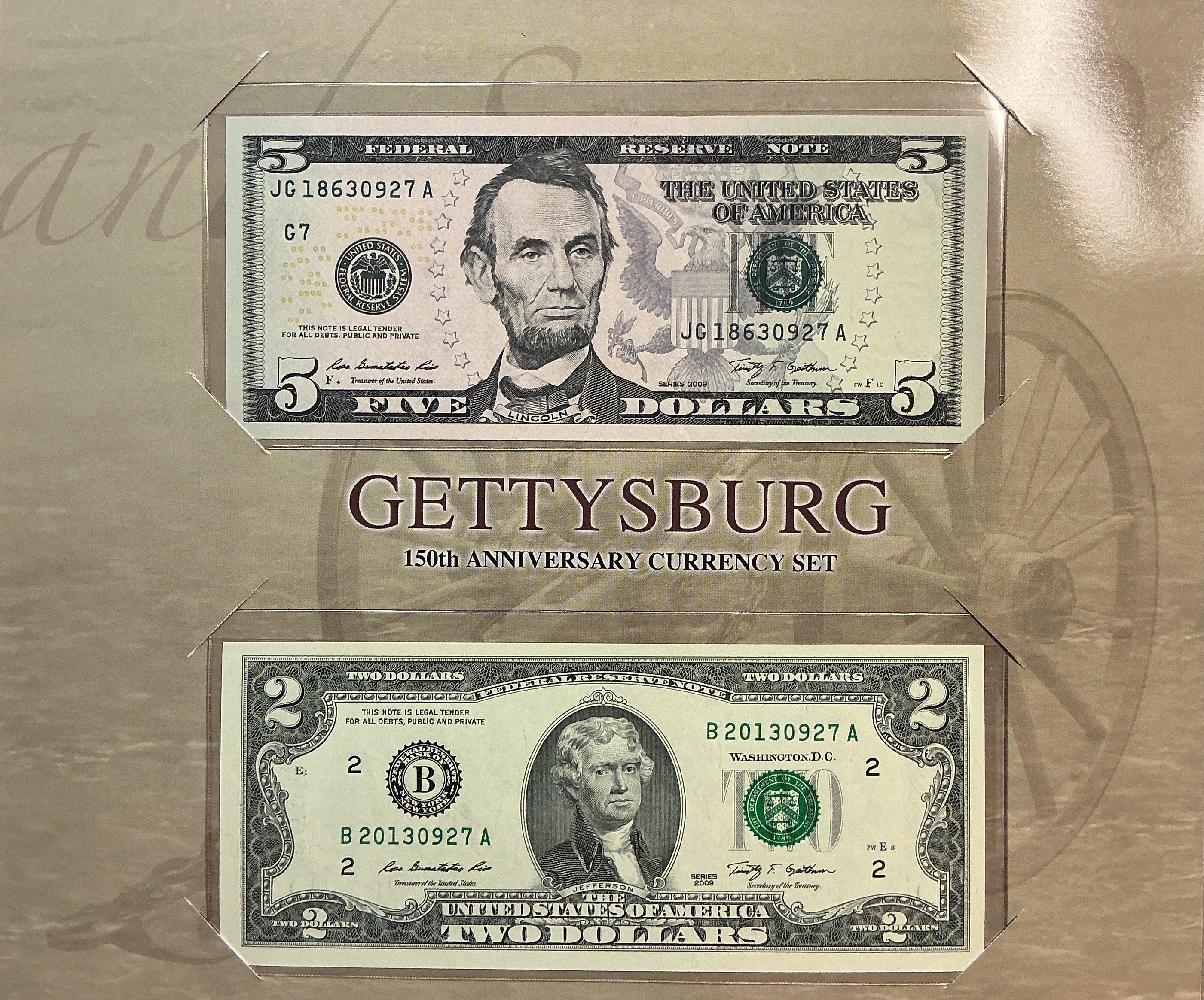 2009 Series $5 & $2 Notes, F.R.B, 150th Anniversary Gettysburg, #FRN005.