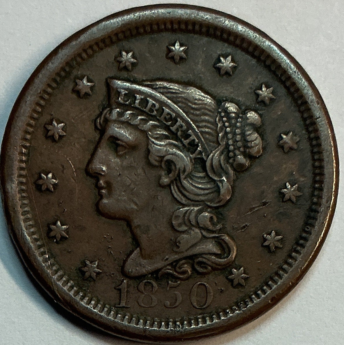 1850 Liberty Head Large Cent, About Uncirculated Coin, Store # 09572
