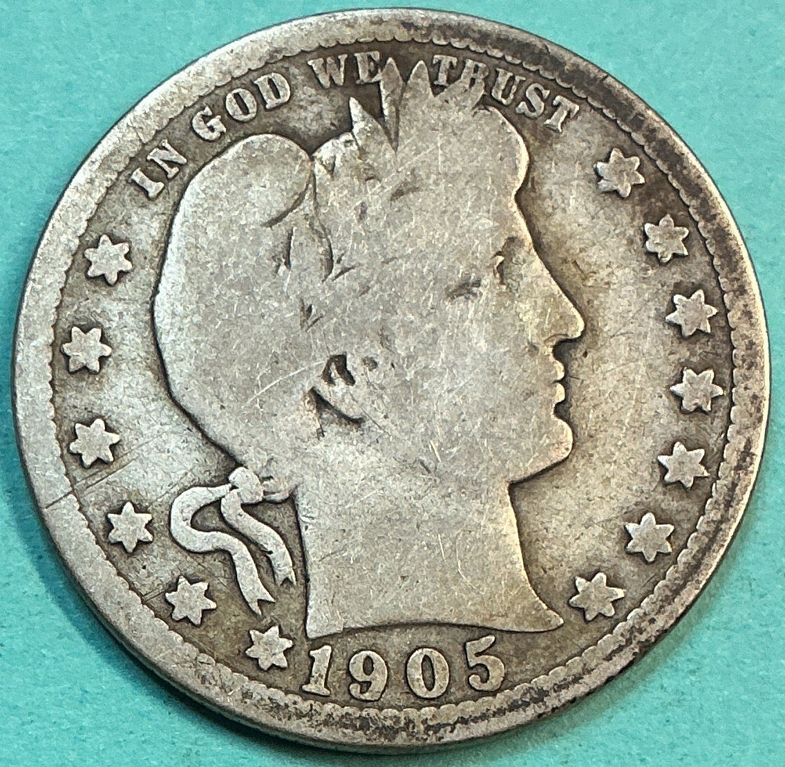 1905 Barber Quarter., Good Circulated Details., Store#QR1229
