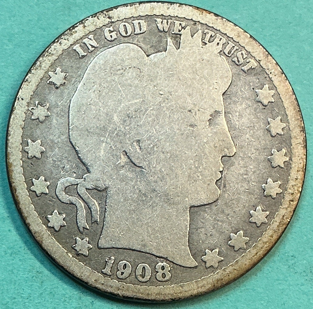 1908-S Barber Quarter., Poor Circulated Details., Store#QR1243