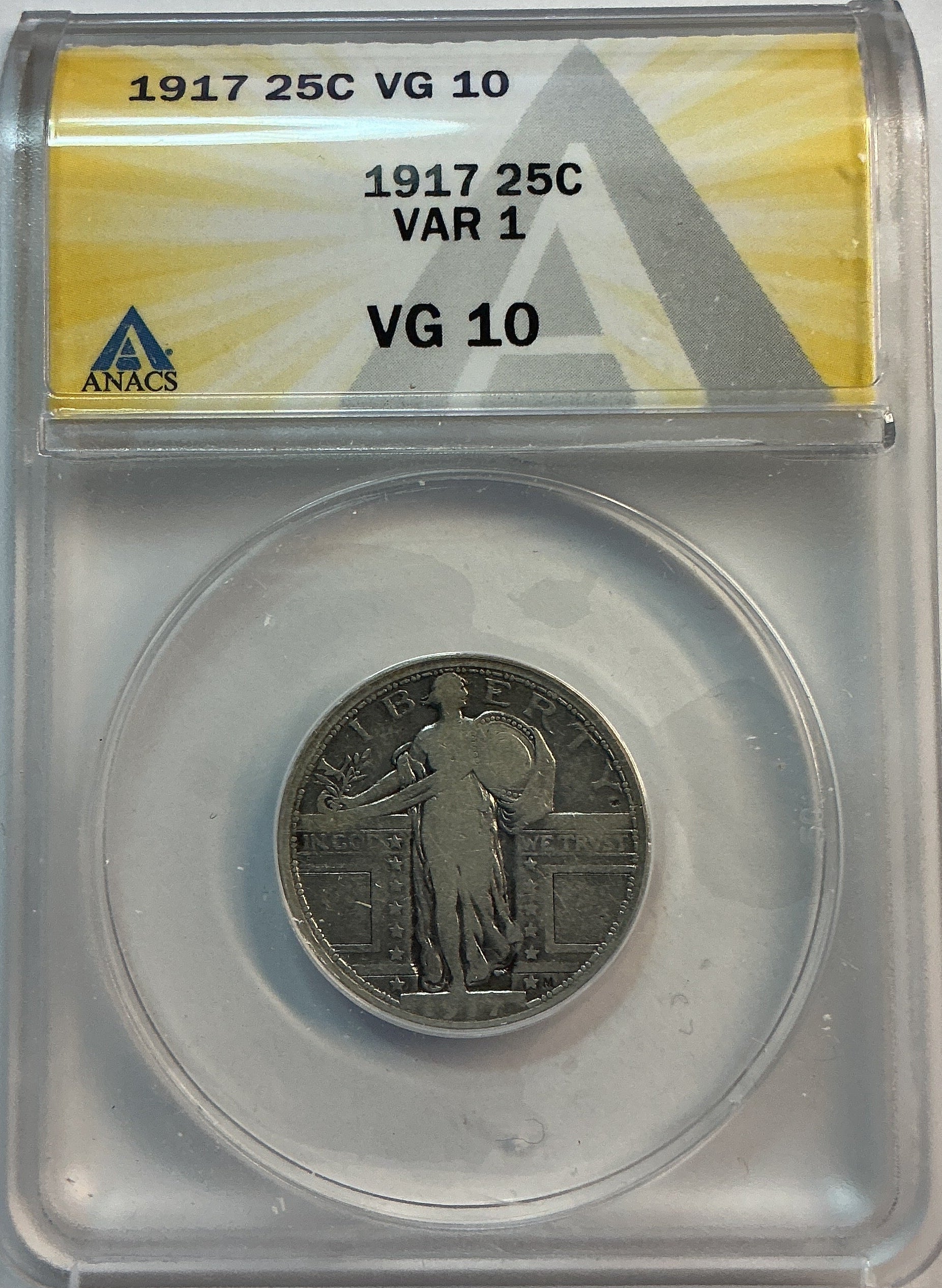 1917 Standing Liberty Quarter., Type-1., ANACS VG-10, Store #QR1600