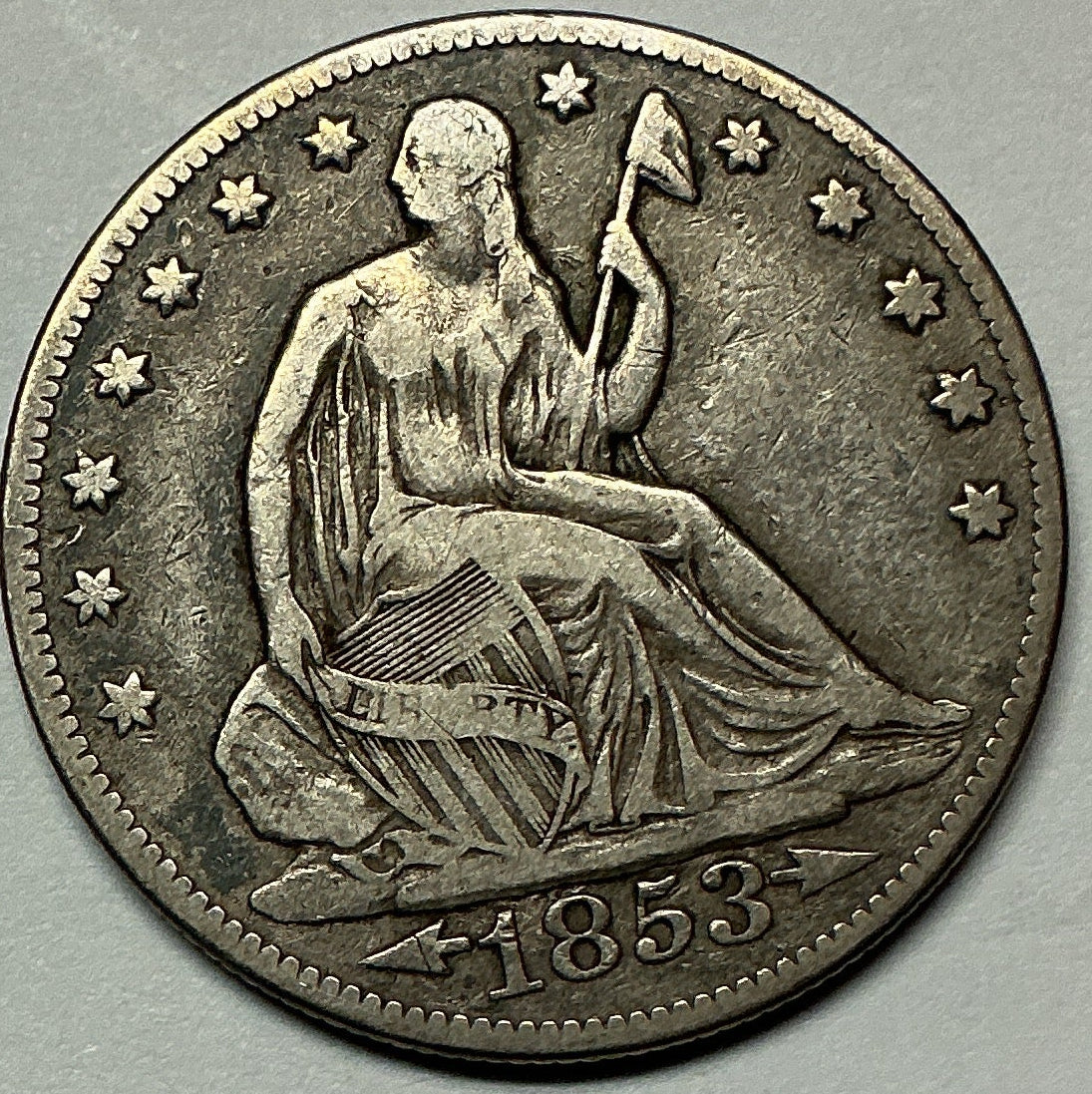 1853 Liberty Seated Half Dollar, About Uncirculated Coin, Store #HR1928