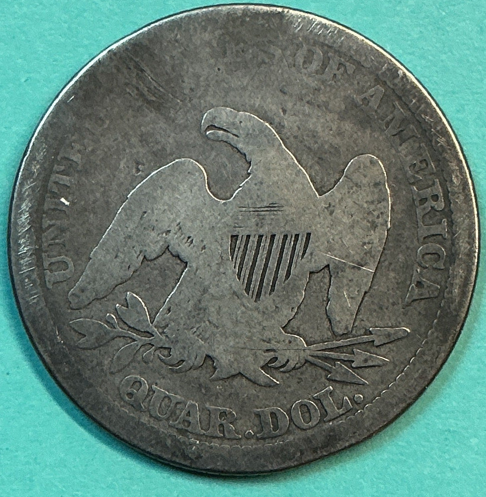 1861 Liberty Seated Quarter., About Good Circulated Details., Store#QR1182