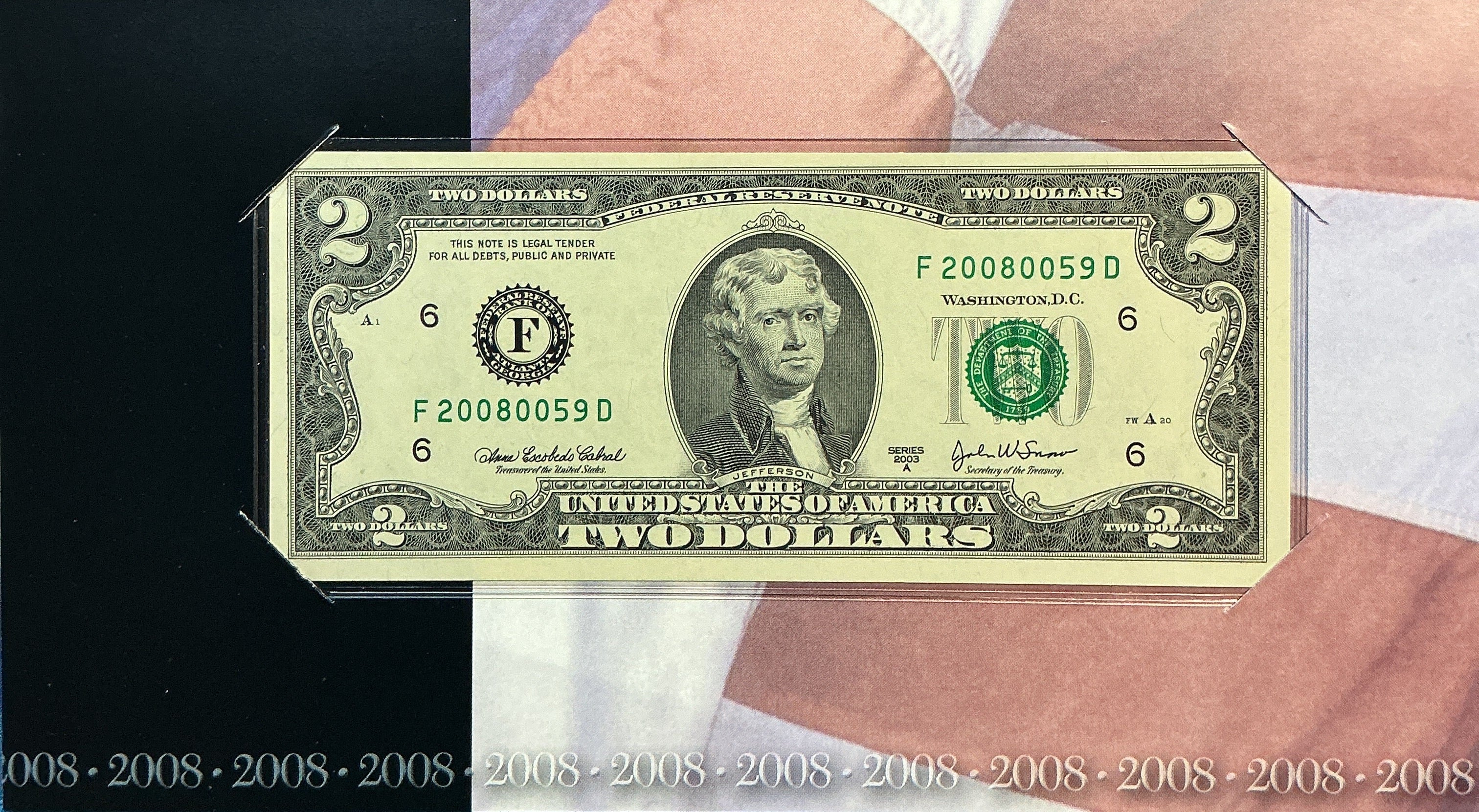 2008 Series, $2 Note, Atlanta, Dept of Treasury, 2008xxx Serial Number, Store #FRN028