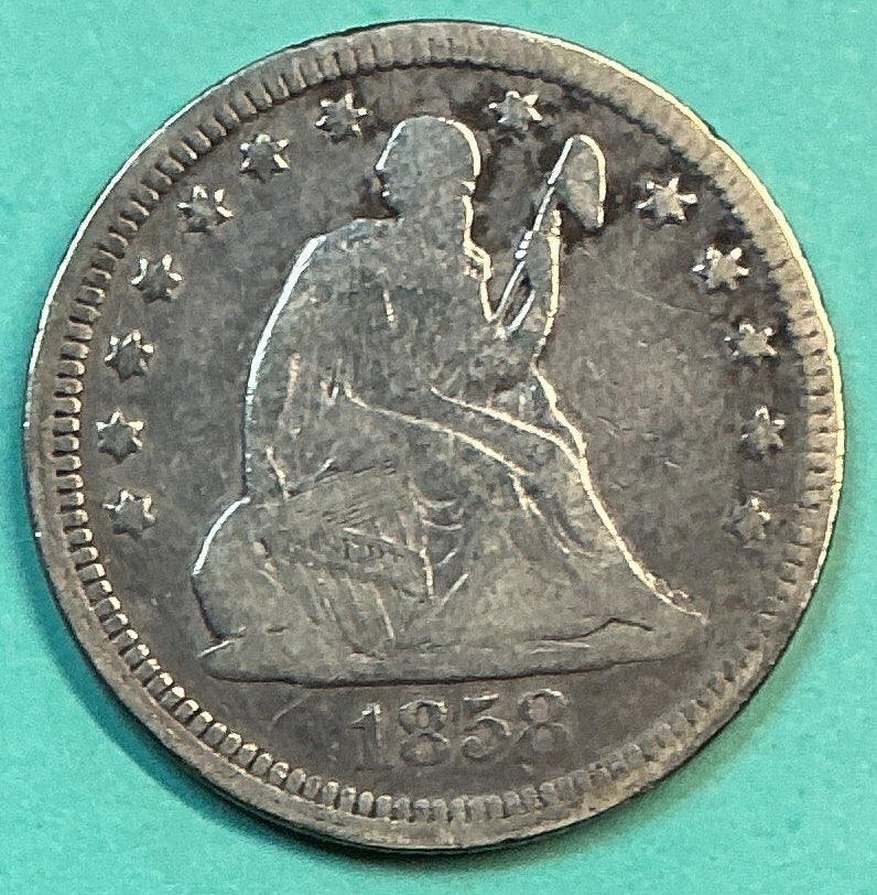 1858 Liberty Seated Quarter., Very Good Circulated Details., Store#QR1186