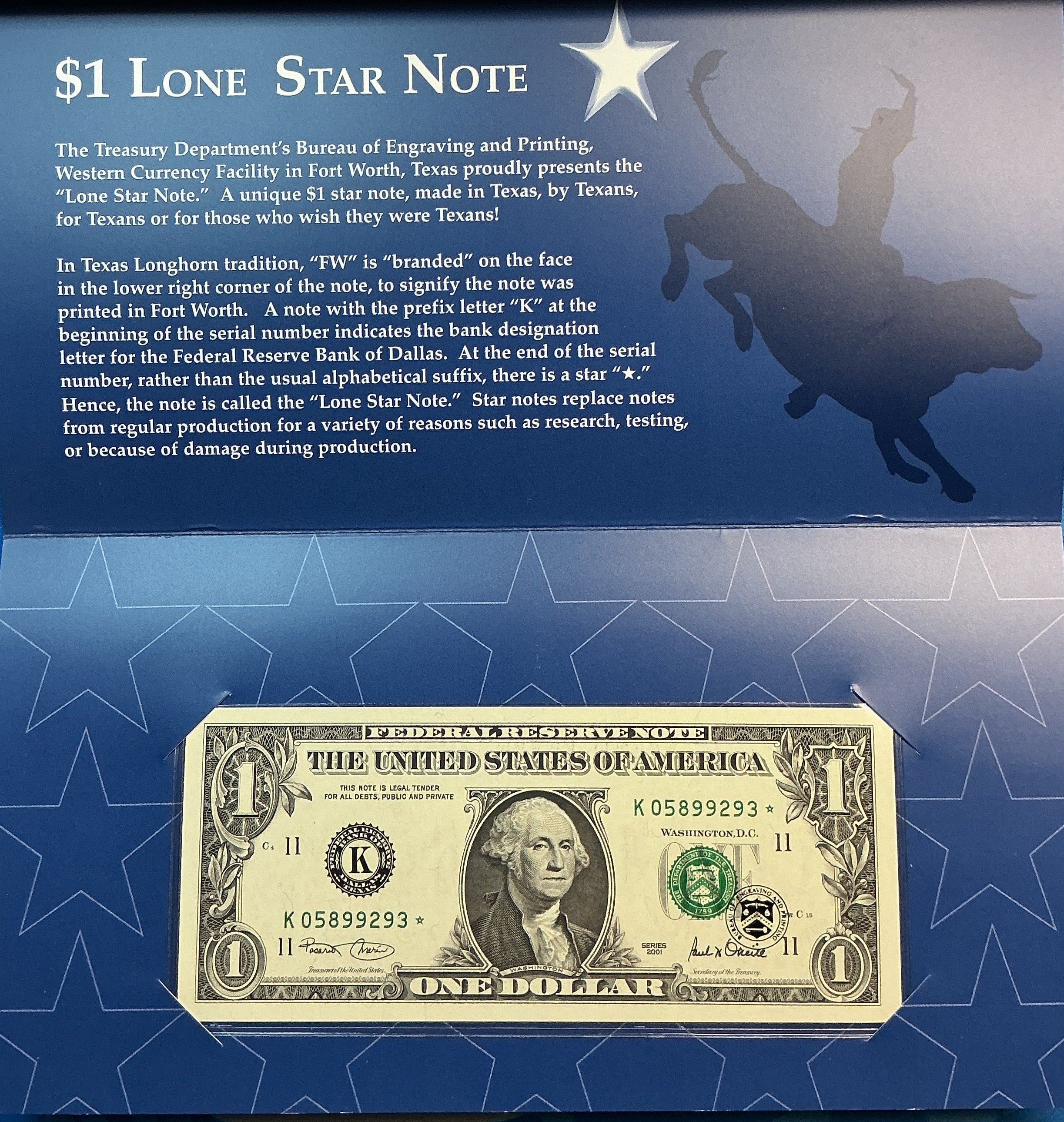 2001 $1 Texas Lone Star Note, BEP, Star Note, Store #FRN032