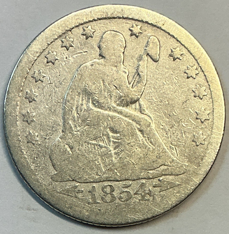 1854 Liberty Seated Quarter., Very Good *Cleaned* Circulated Details., Store#QR1177