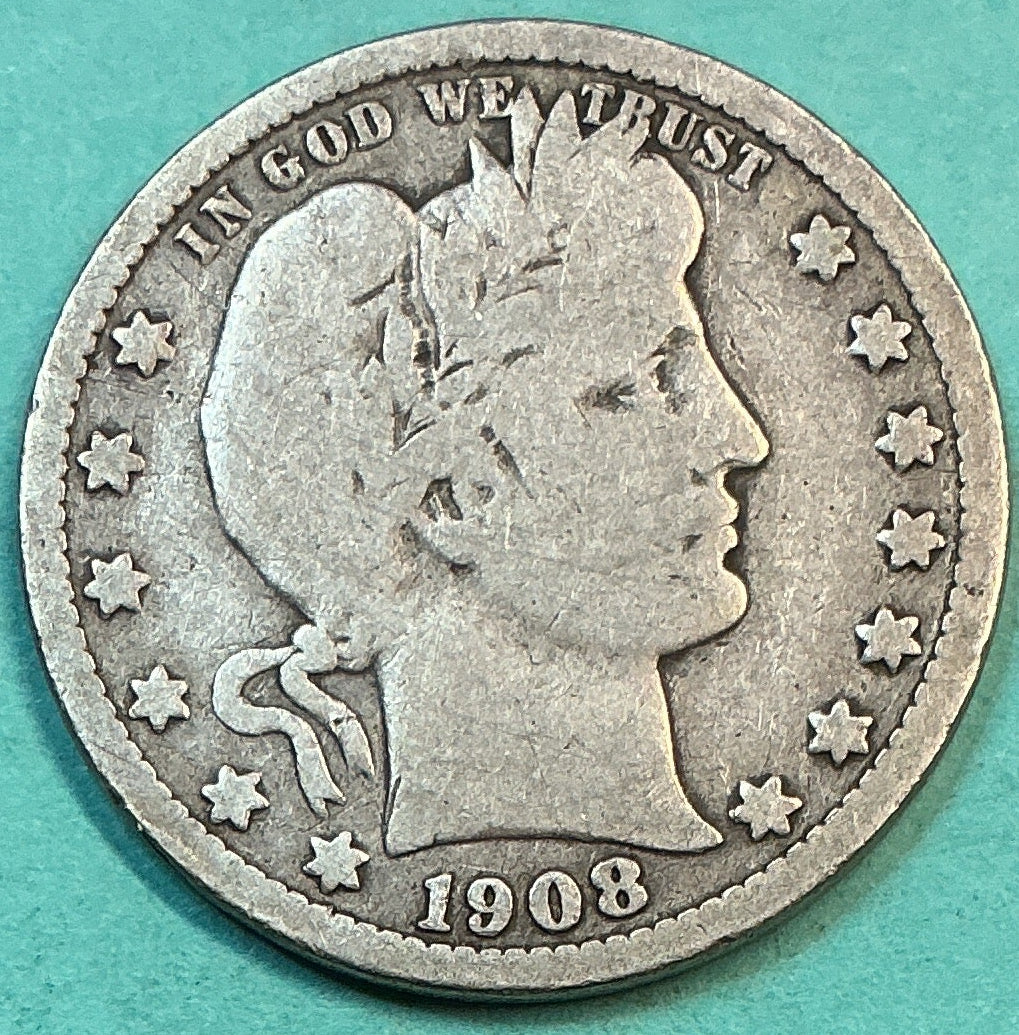 1908-O Barber Quarter., Very Good Circulated Details., Store#QR1241