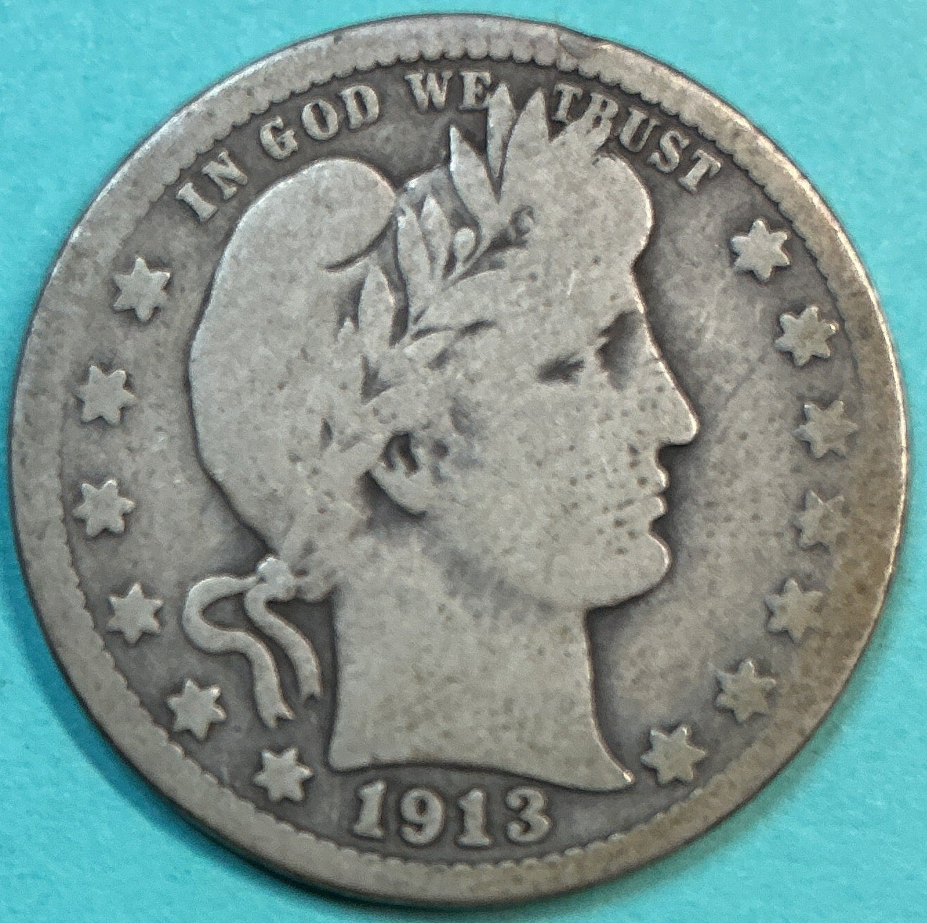 1913 Barber Quarter., Good+ Circulated Details., Store#QR1309