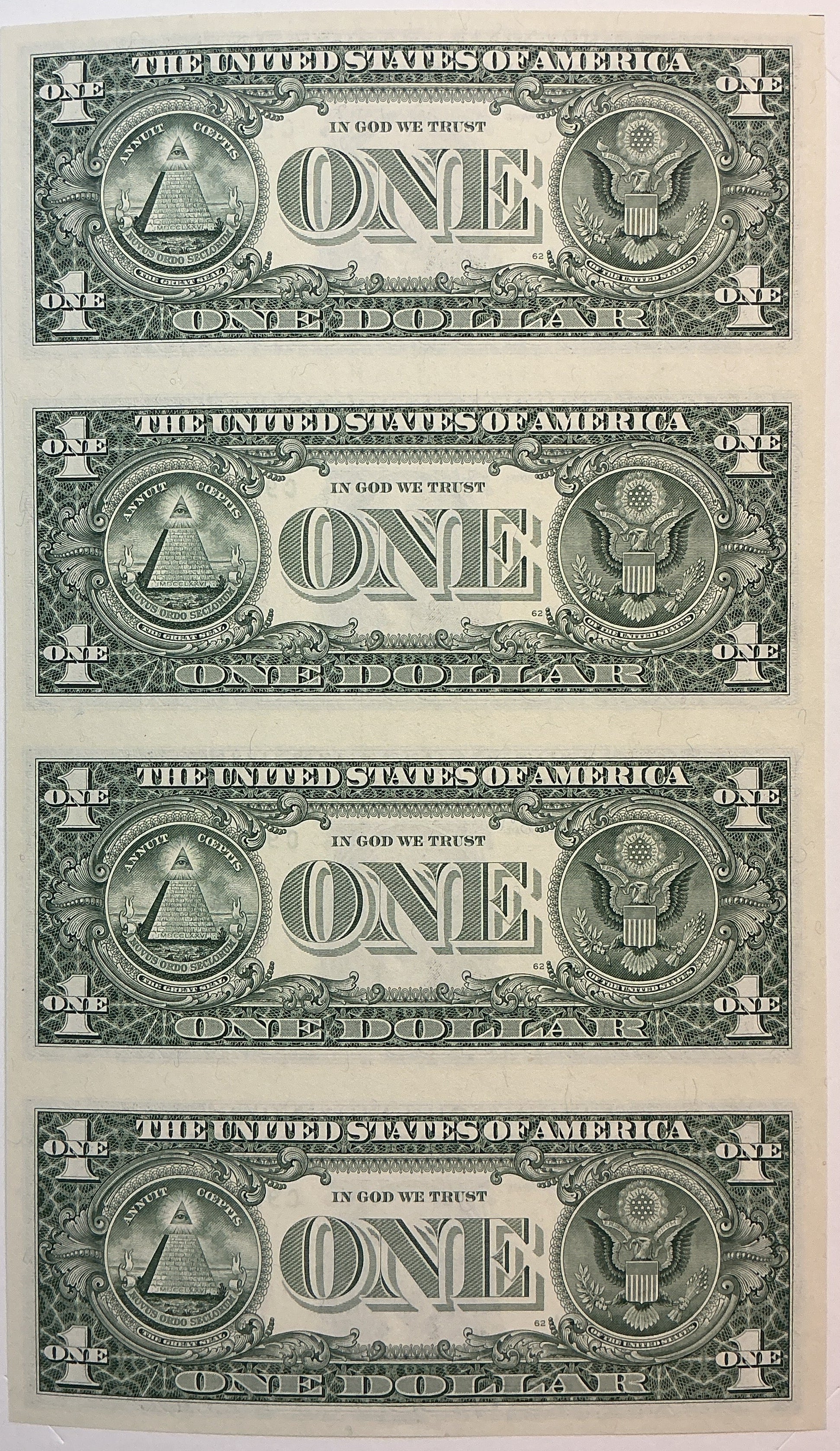 2003 Series $1 Notes, Sheet of 4 Bills, F.R.N., BEP, Store #FRN036