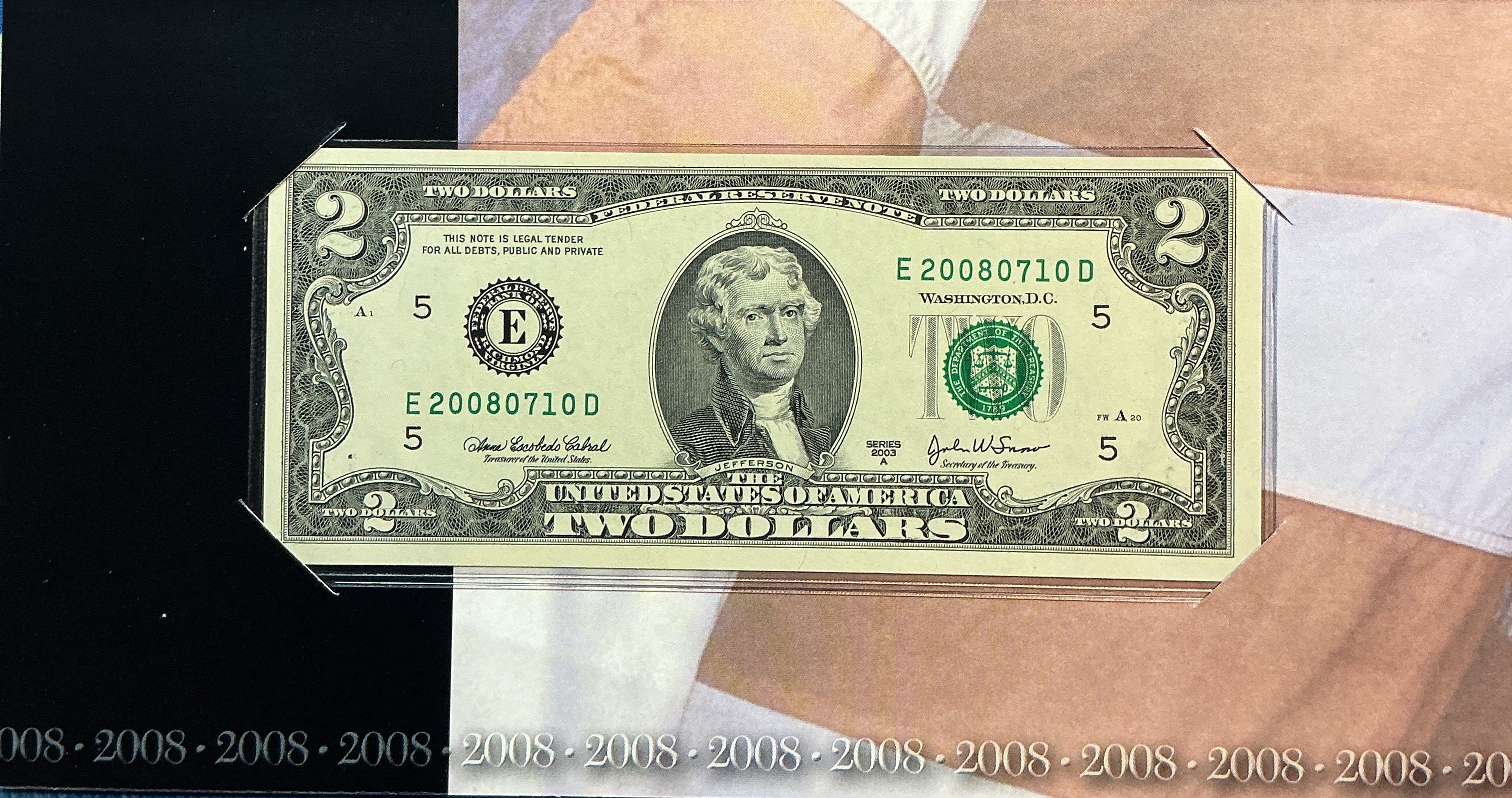 2008 Series, $2 Note, Richmond, Dept of Treasury, 2008xxx Serial Number, Store #FRN029