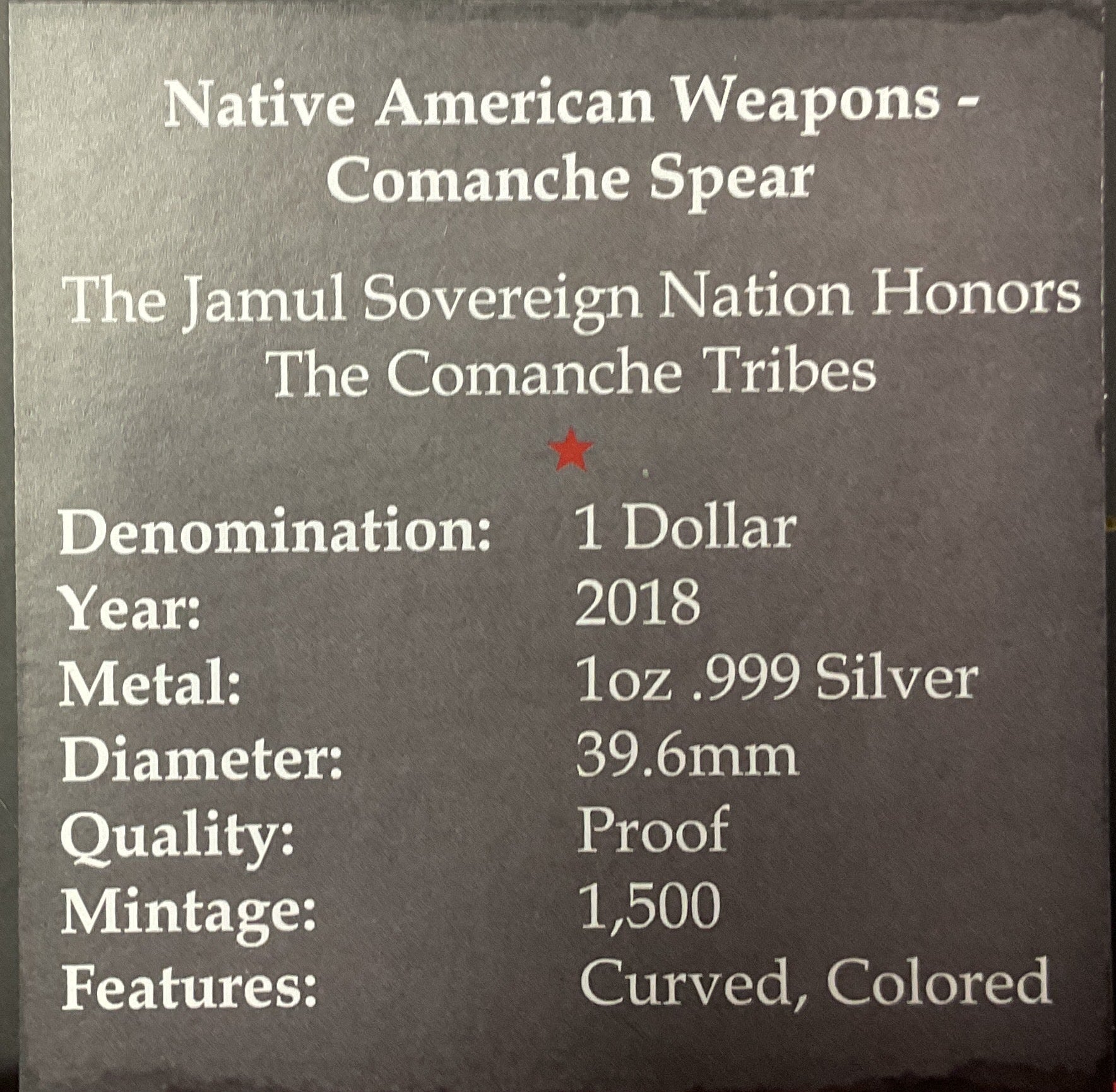 2018 NATIVE AMERICAN WEAPONS, .999 Silver Coin, 1 Troy Ounce, Store #SR180