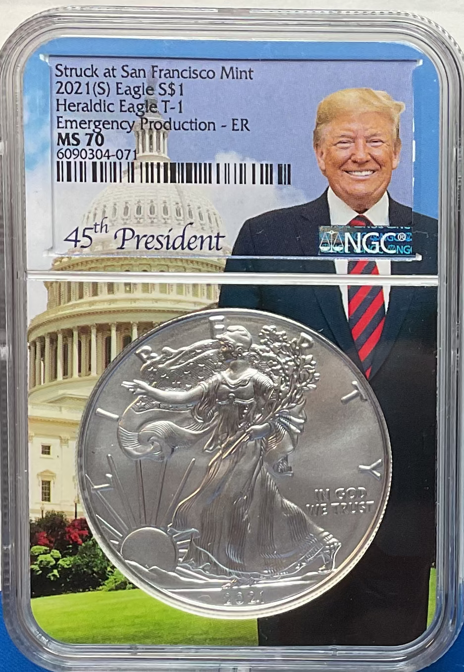 2021 S American Silver Eagle, Heraldic Eagle T-1, NGC MS-70, Store#AE0293