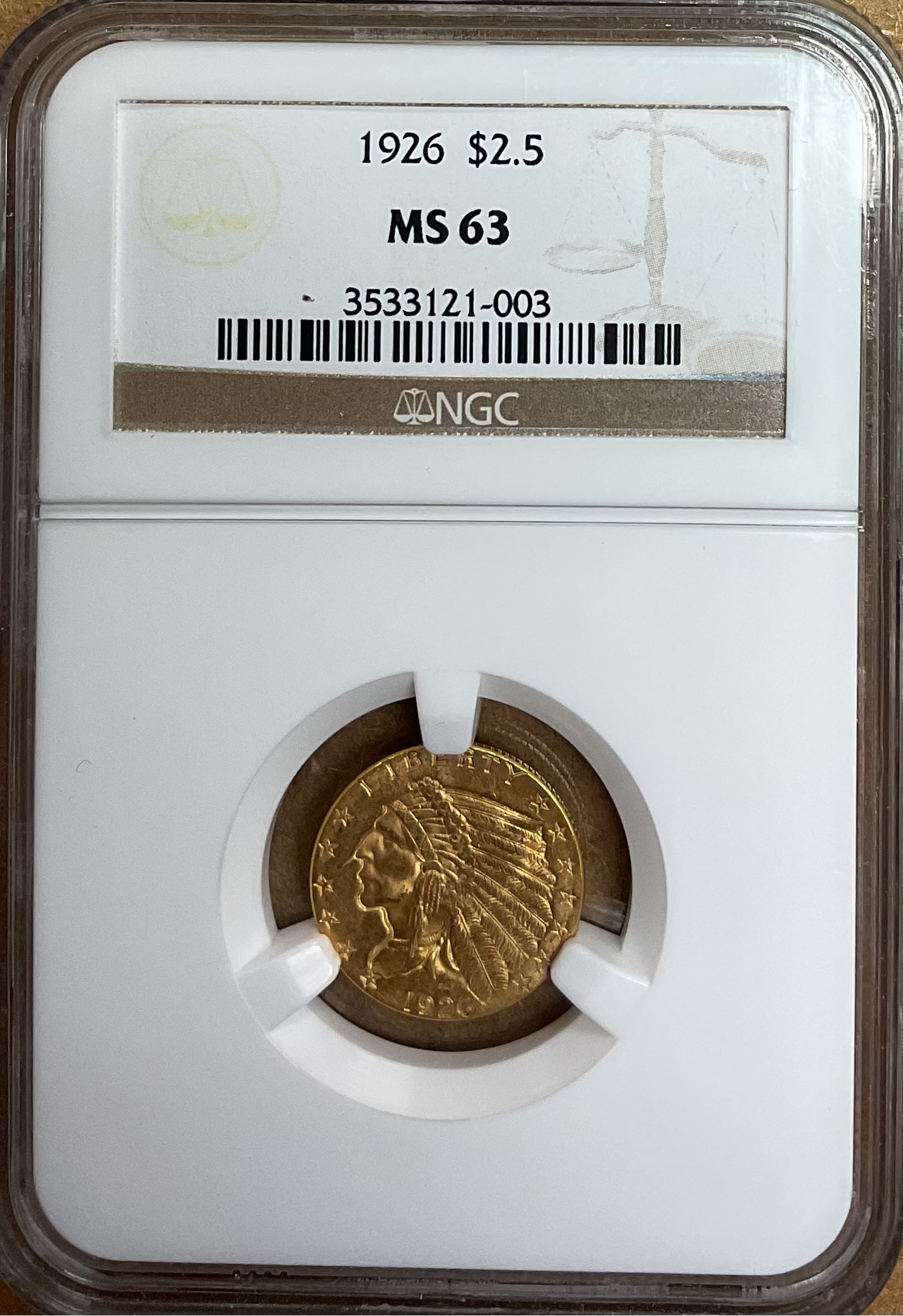 1926 $2.50 Quarter Gold Eagle, Certified and Graded, NGC MS-63, Store #G0130