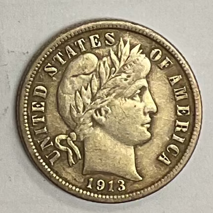 1913 Barber Silver Dime, Very Fine Circulated Coin, Store #DE0945