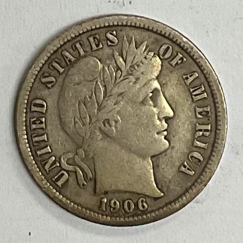 1906 Barber Silver Dime, Very Fine Circulated Coin, Store #DE0946