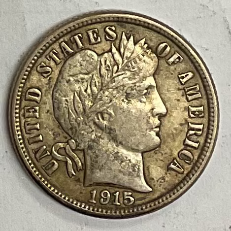1915 Barber Silver Dime, Very Fine+ Circulated Coin, Store #DE0948