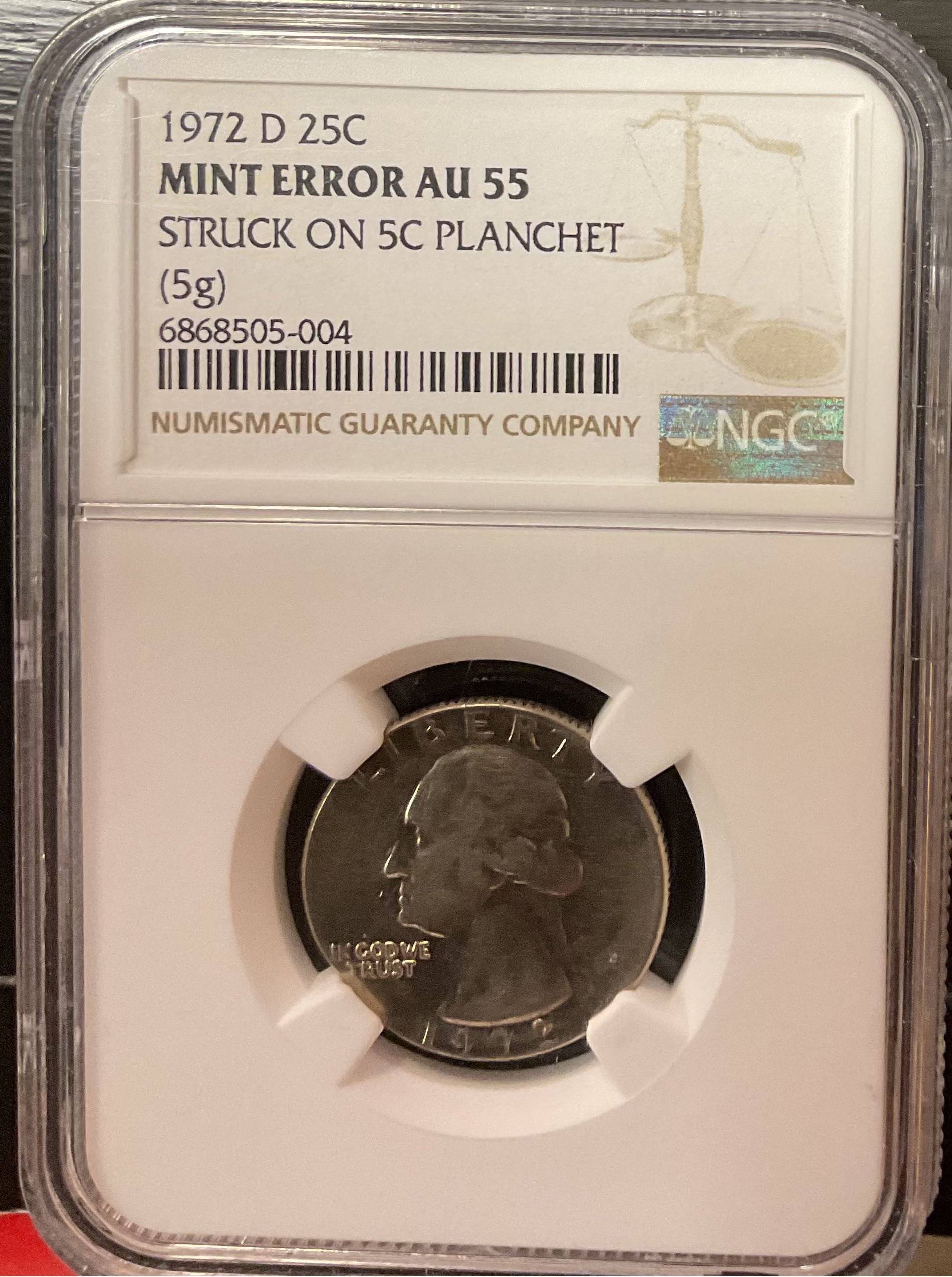 1972-D Washington Silver Quarter., NGC Mint Error AU-55., Store #GQR068