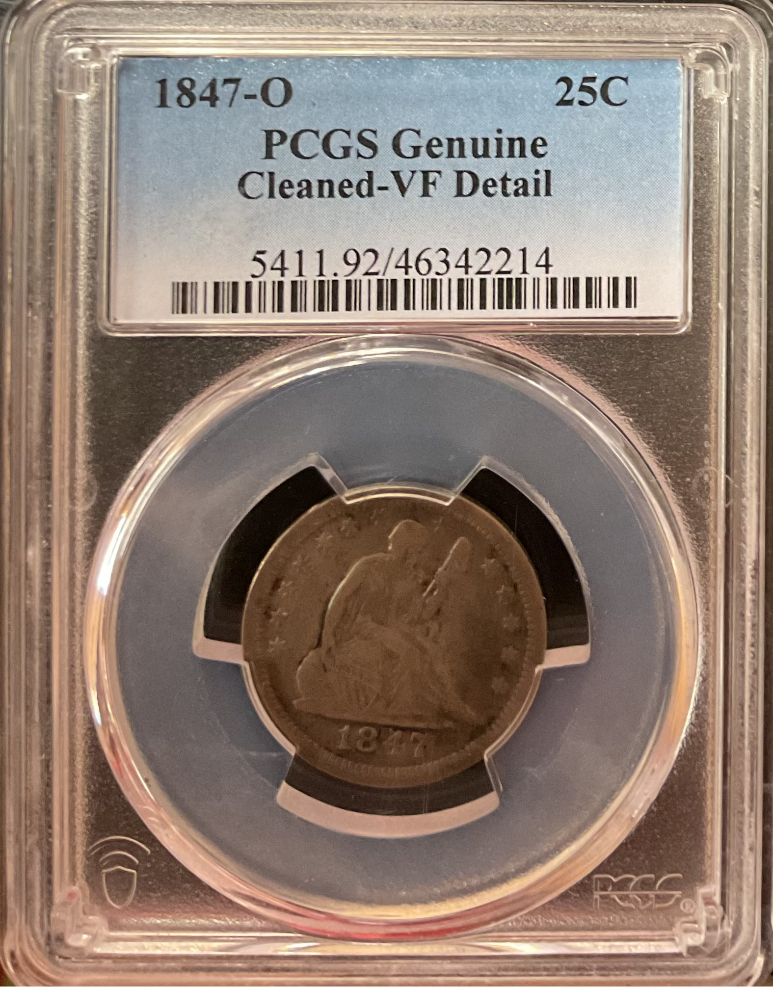 1847-O Seated Liberty Quarter, PCGS Cleaned VF Detail, Sale #GQR083