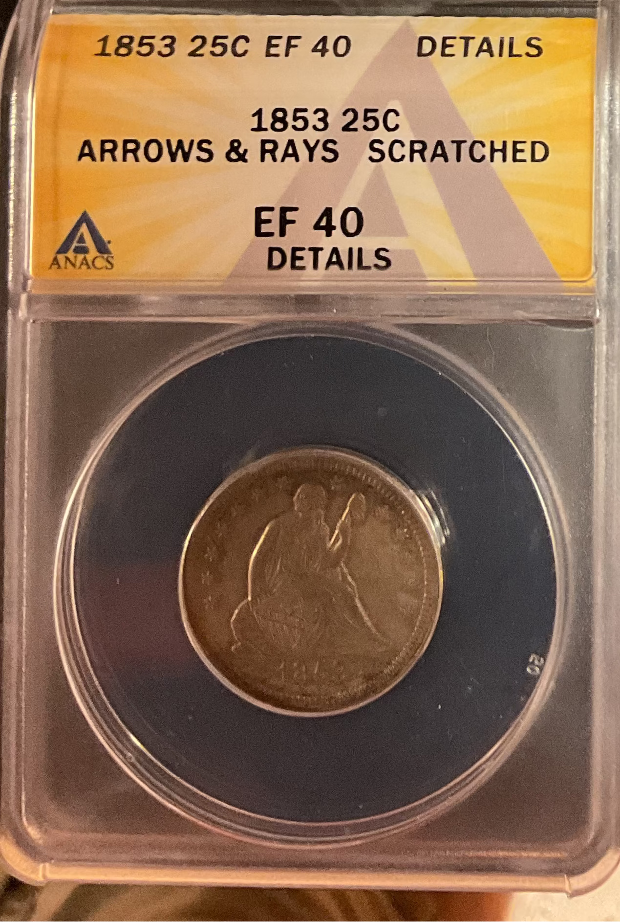 1853 Seated Liberty Quarter, ANACS EF-40 Details, Store #GQR084