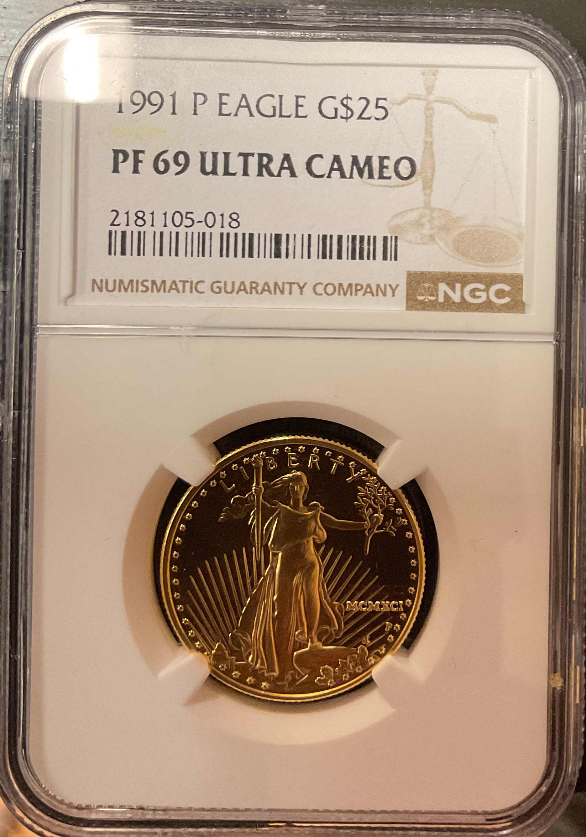 1991-P $25, Proof Gold American Eagle Coin, 1/2 OZT, NGC PF 69, Store #G0003