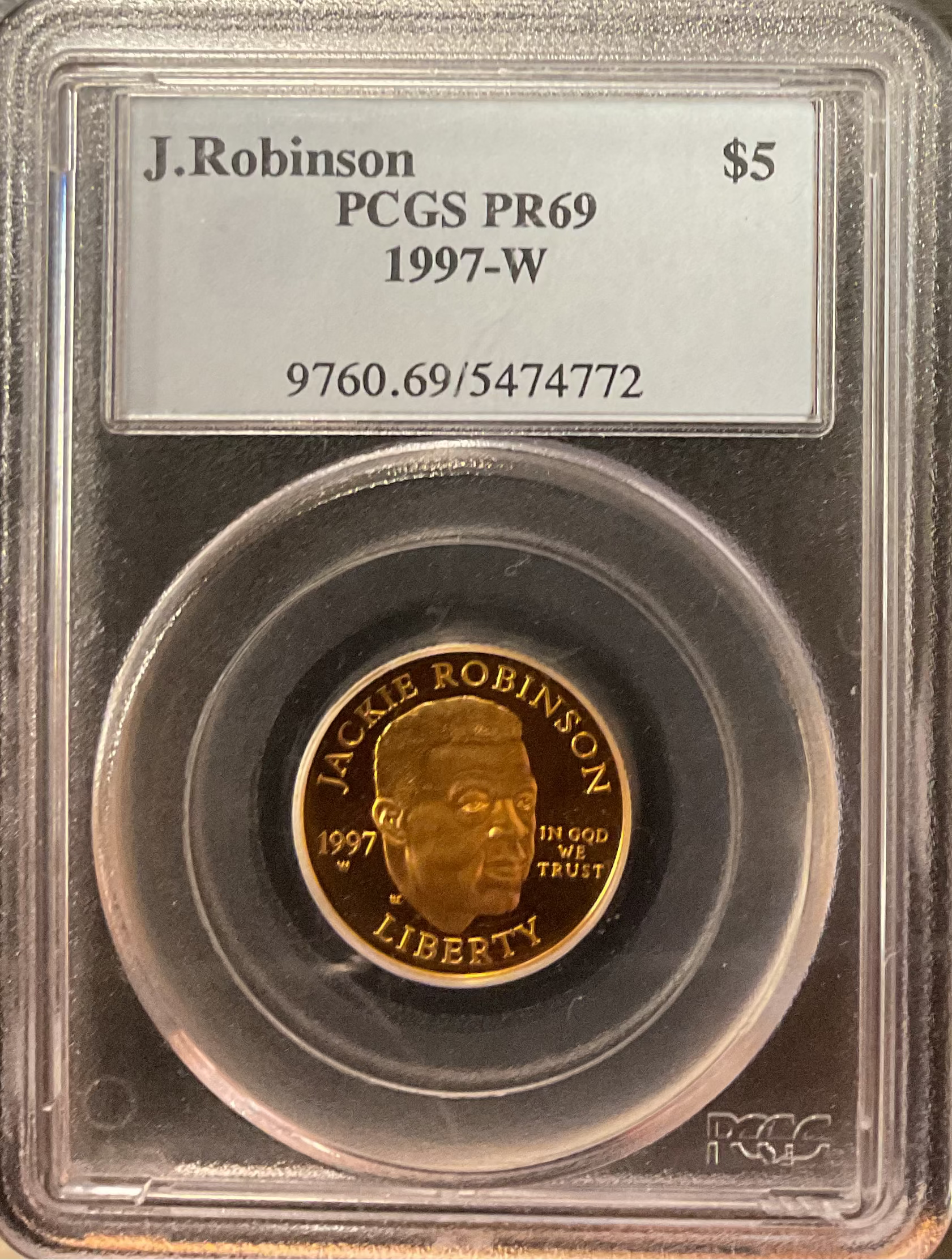 1997-W $5, Proof Gold Jackie Robinson Coin, 1/4 OZT, PCGS PR69, Store #G0009
