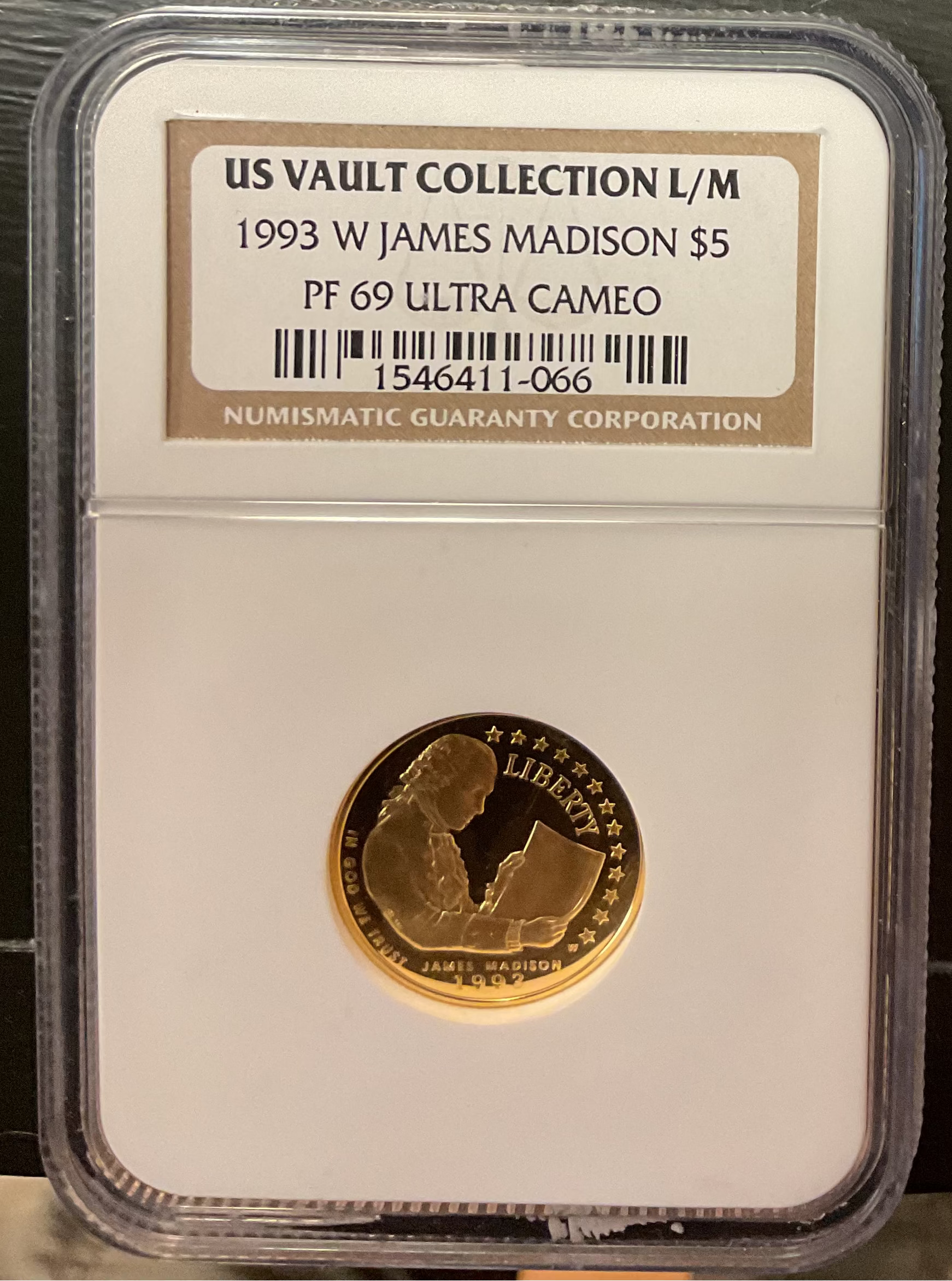 1993-W $5, Proof Gold James Madison Coin, NGC PR69 Ultra Cameo, Store #G0010