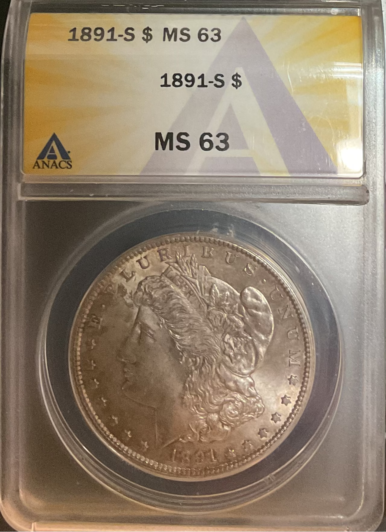 1891-S Morgan Silver Dollar., ANACS MS63, Uncirculated Coin, Store #DR0580.