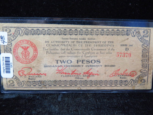 1943 Philippines Two Pesos WWII Mindanao Emergency Currency Banknote, Store #12413
