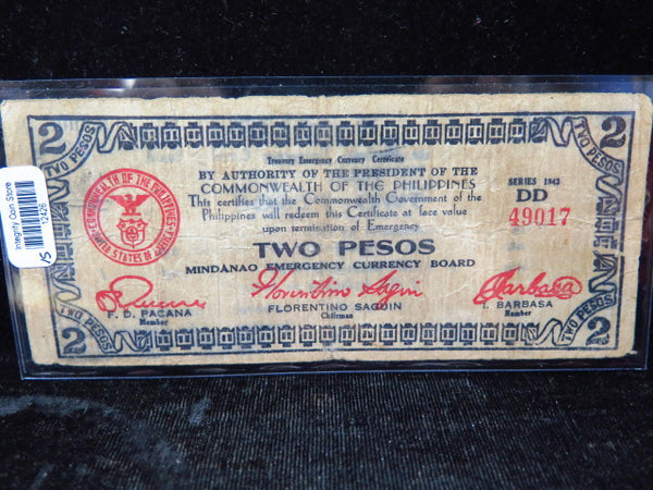 1943 DD Philippines Two Pesos WWII Mindanao Emergency Currency Banknote, Store #12426
