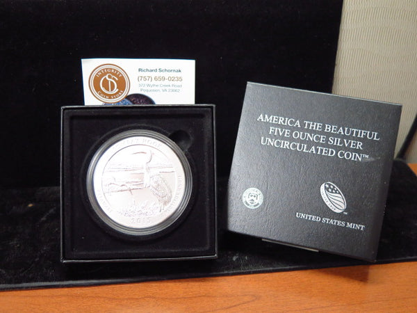 2015-P America the Beautiful Five OZ Silver Coin, Bombay Hook. in Original Government Packaging. Store #12446