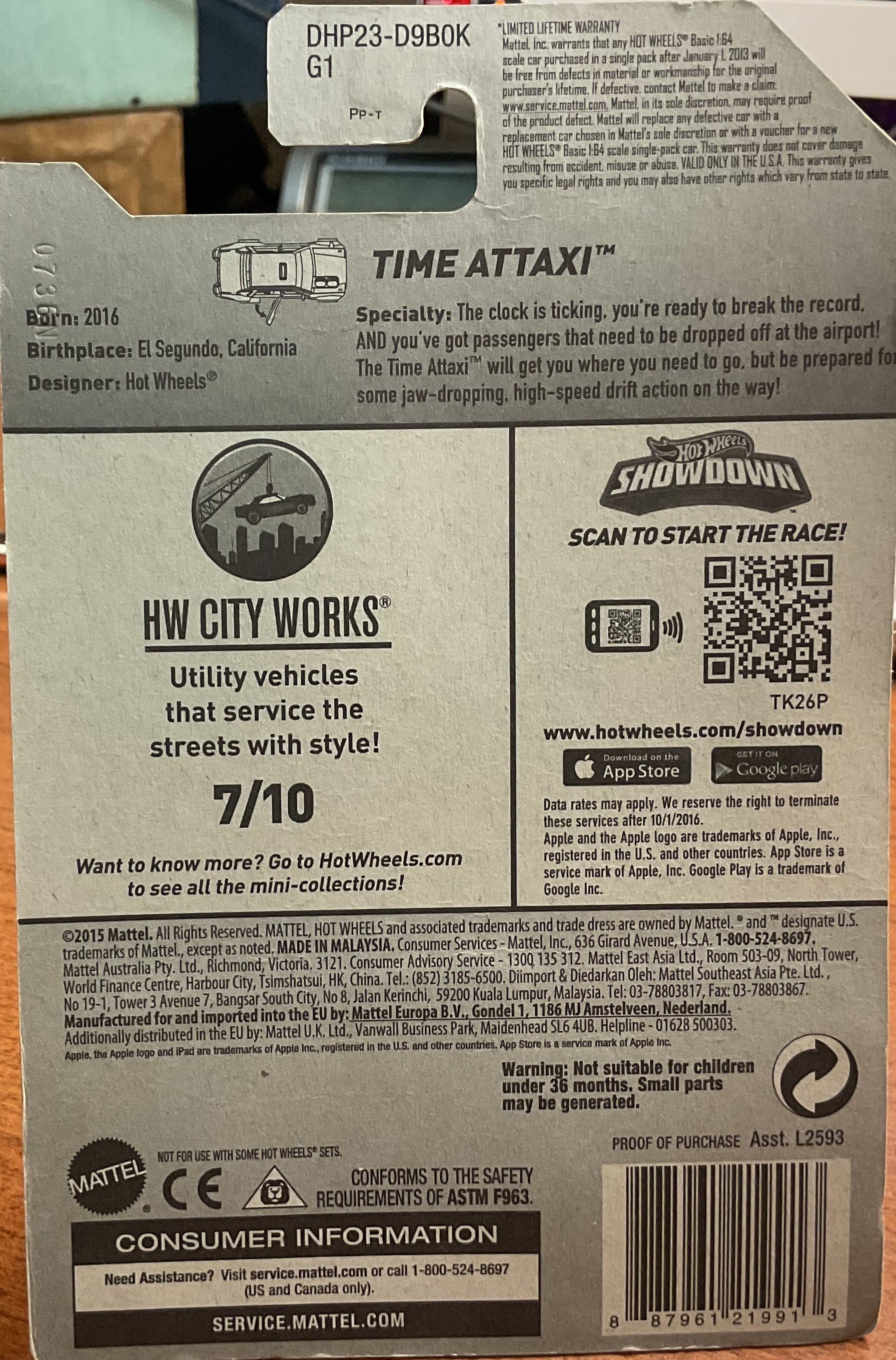 TIME ATAXXI, Hot Wheels Toy Car, DHP23-D9B0K G1, 'HW CITY WORKS', Store #TY015