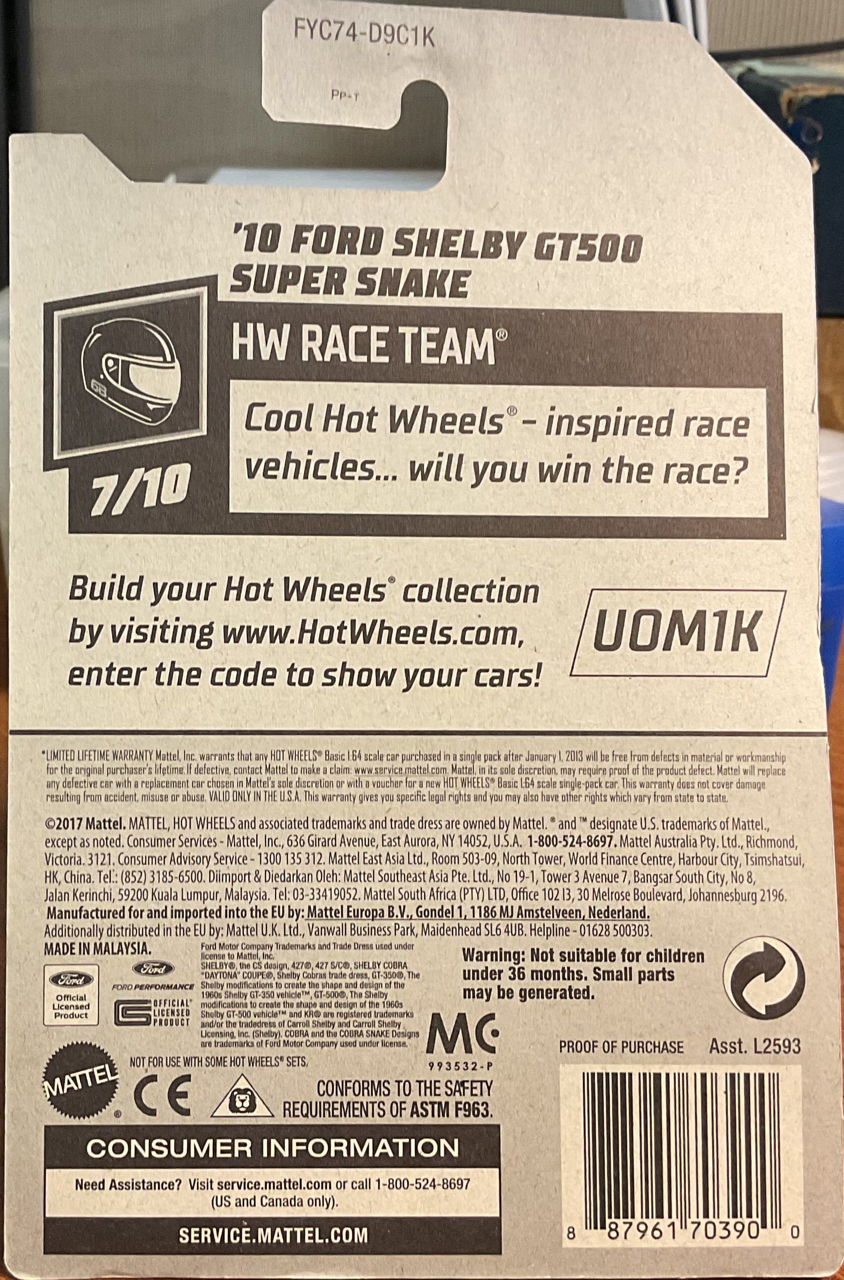 '10 FORD SHELBY, HW RACE TEAM, Hot Wheels Toy Car, FYC74-D9C1K, Store #TY107