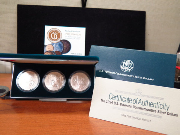 1994-W US Veterans Silver Dollars Commemorative Set, Original Government Package, Store #12553