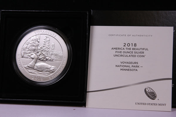 2018-P American The Beautiful, Five Ounce Silver Uncirculated Coin. Voyageurs. Store #13569