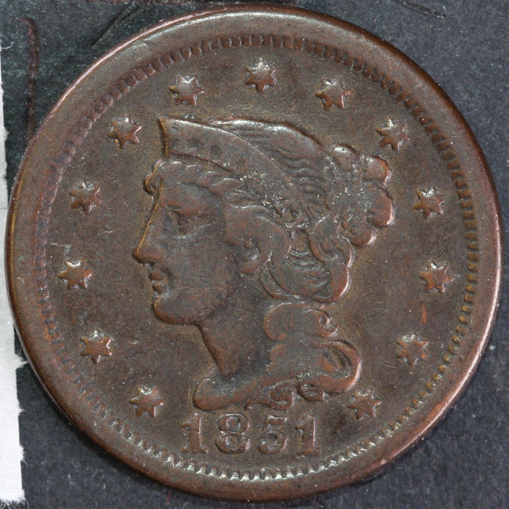 1851/81 Braided Hair Large Cent, Fine Circulated Coin, Store #14543