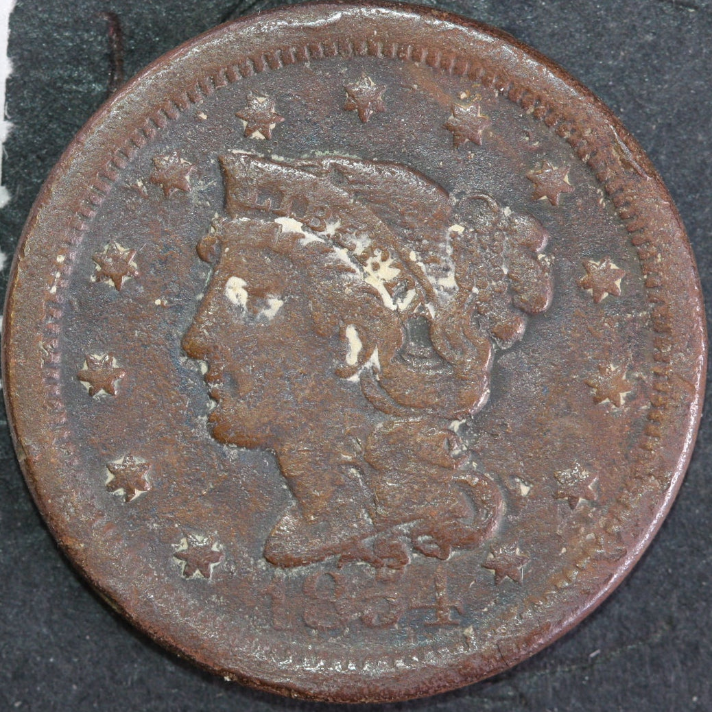 1854 Braided Hair Large Cent, Very Fine Circulated Coin, Details, Store #14559