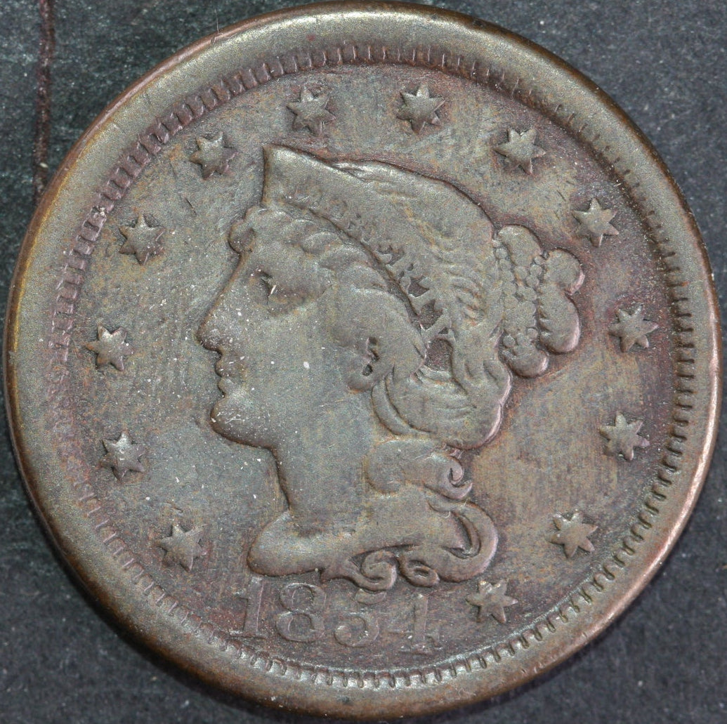 1854 Braided Hair Large Cent, Very Good Circulated Coin, Store #14562