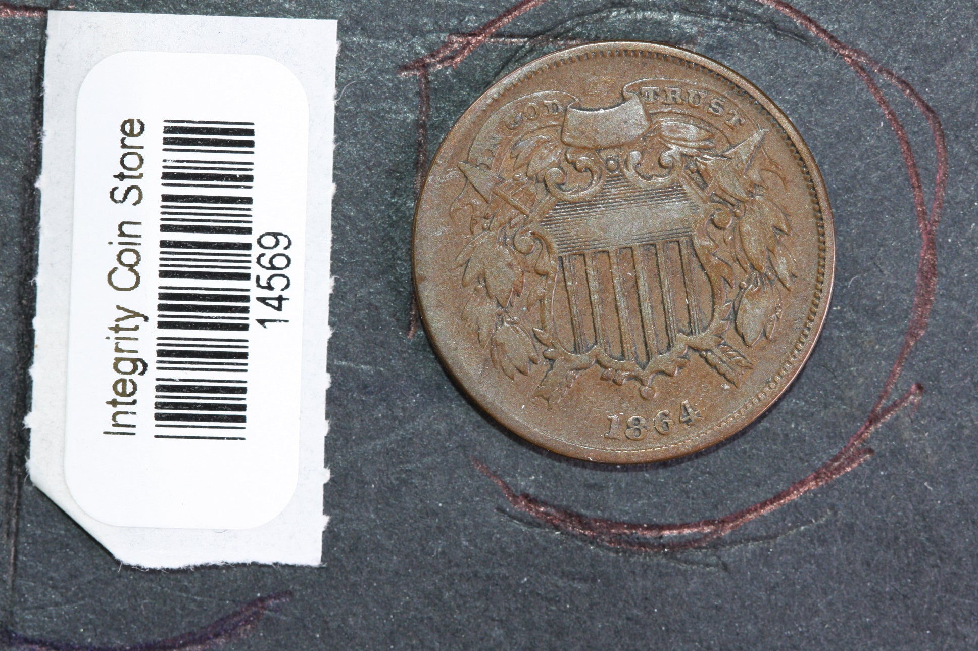 1864 Two Cent Piece. "Small Motto", Affordable Collectible Coin, Store#14569