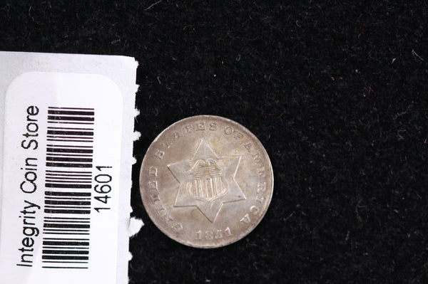 1851 Three Cent-Silver Piece., Affordable Collectible Coin. Store #14601