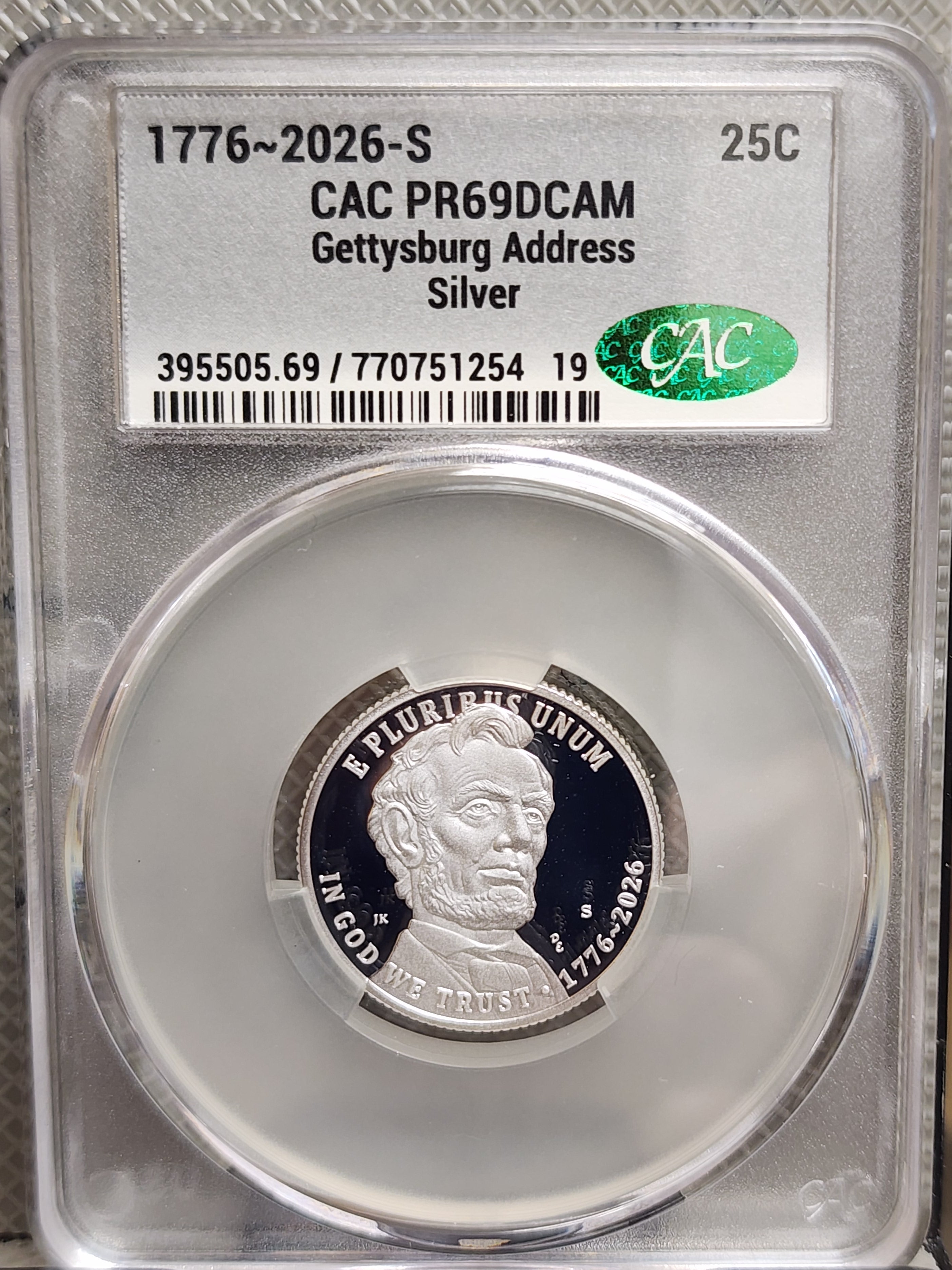 1776-2026-S Silver, Gettysburg Address Quarter, CAC PR-69, Store #QR1946.