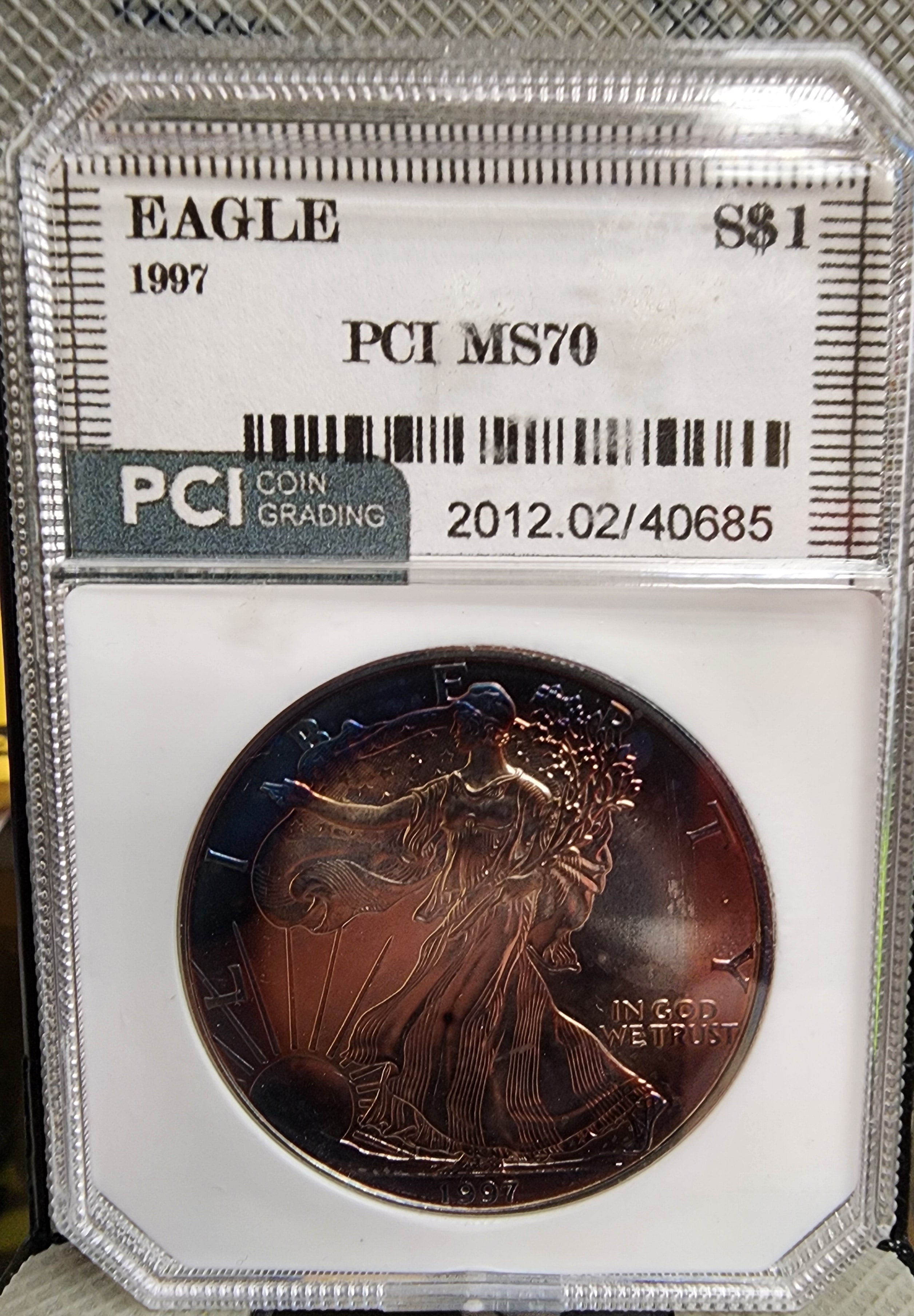 1997 American Silver Eagle, Nice Blue "TONER", PCI MS-70, Store #AE309.