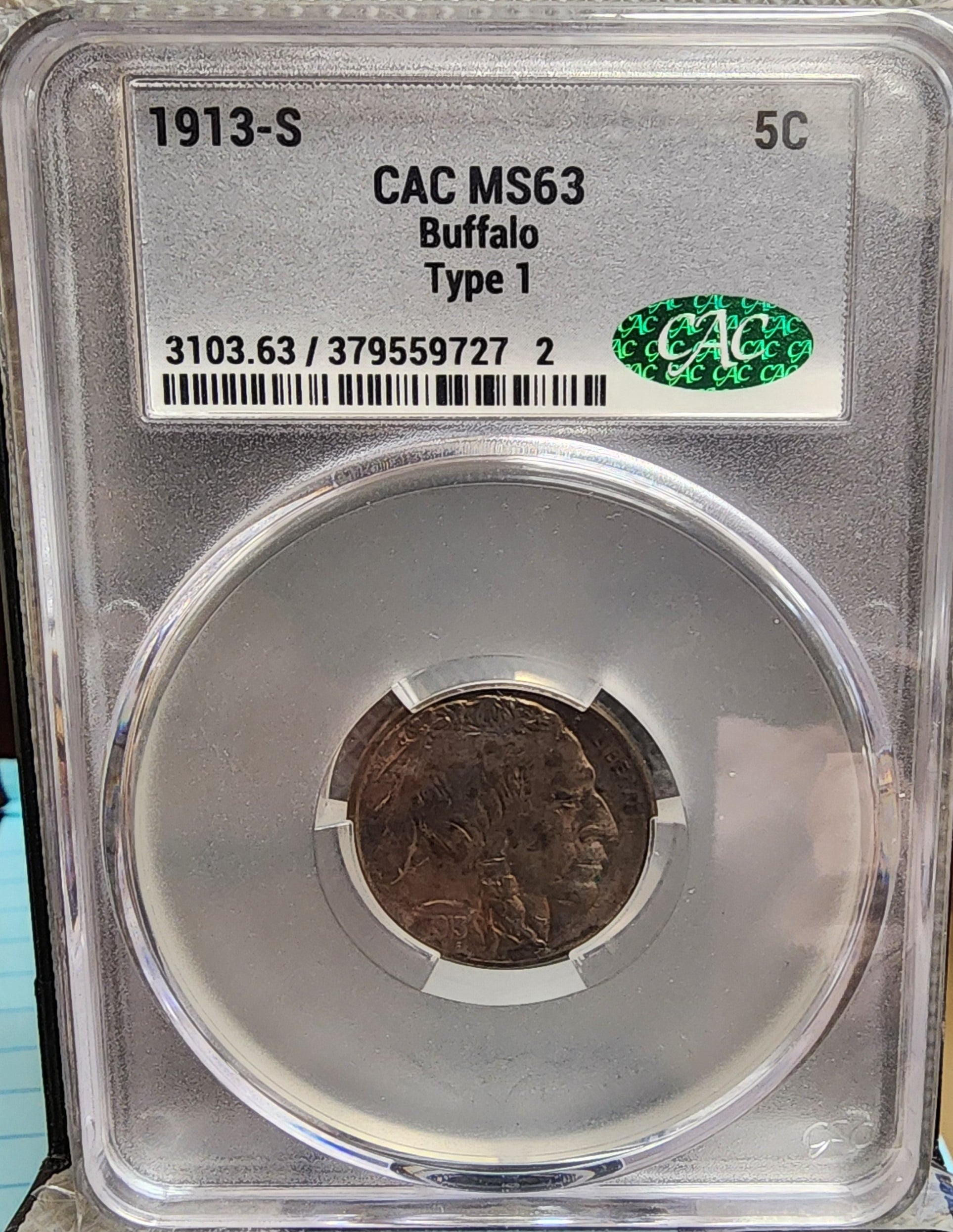 1913-S Buffalo Nickel, Better Type-1, Date, CAC MS-63, Store SALE #GNL028.