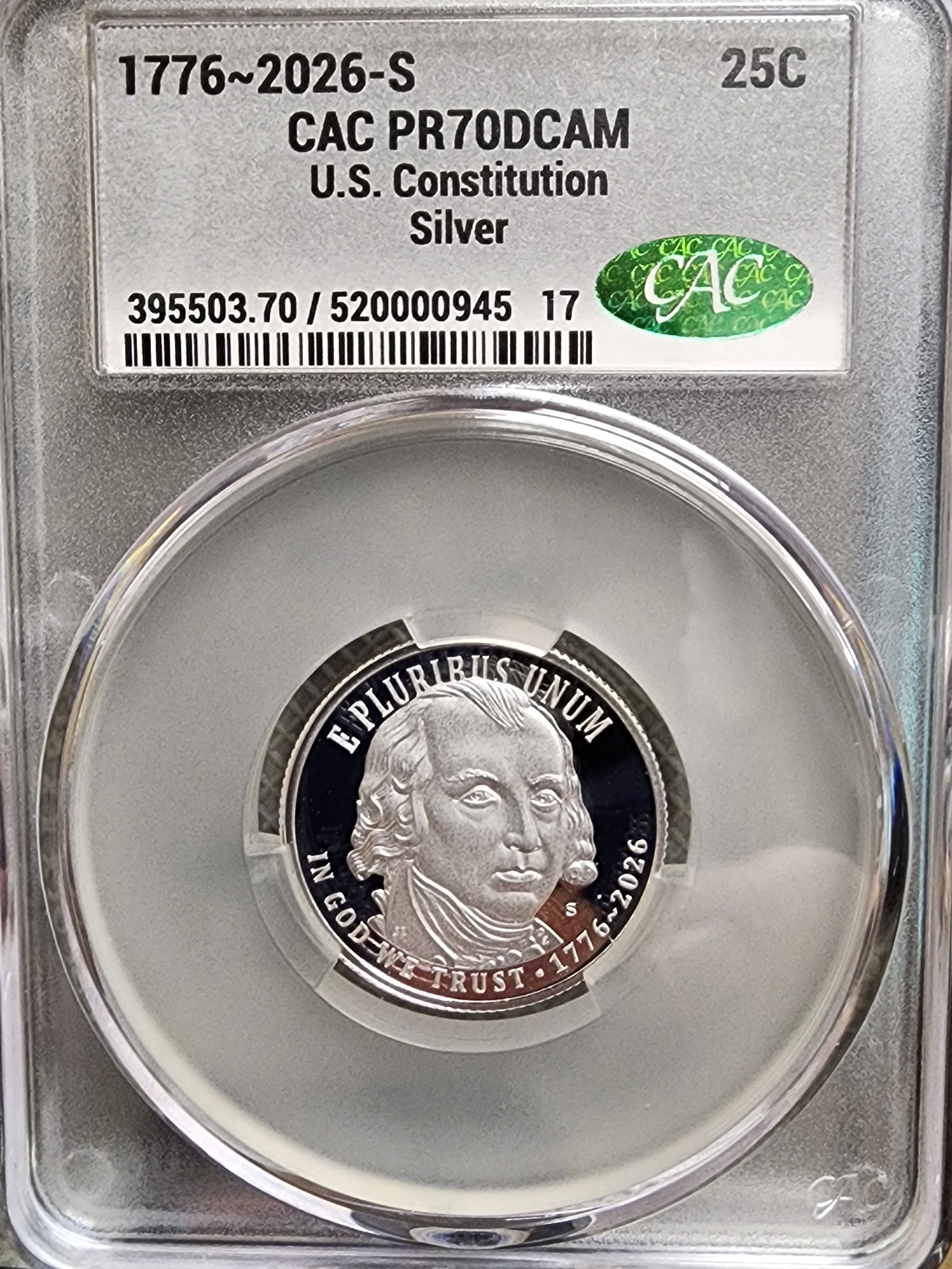 1776-2026-S Silver, U.S. Constitution Quarter, CAC PR-70, Store#QR1944.