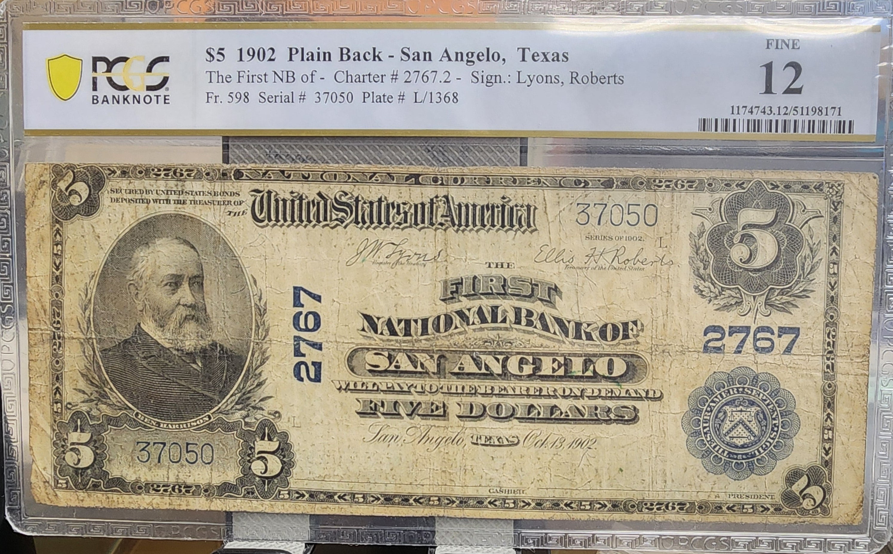 1902 $5 National Bank Note, San Angelo, TX, PCGS F-12, Store Sale #NBN018.