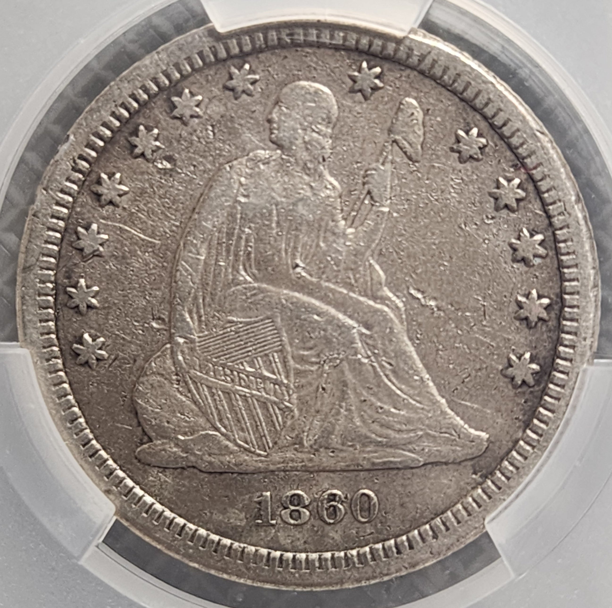 1860-S Seated Liberty Quarter., 'Scarce'., CAC VF Detailed Coin., Store #QR1437.